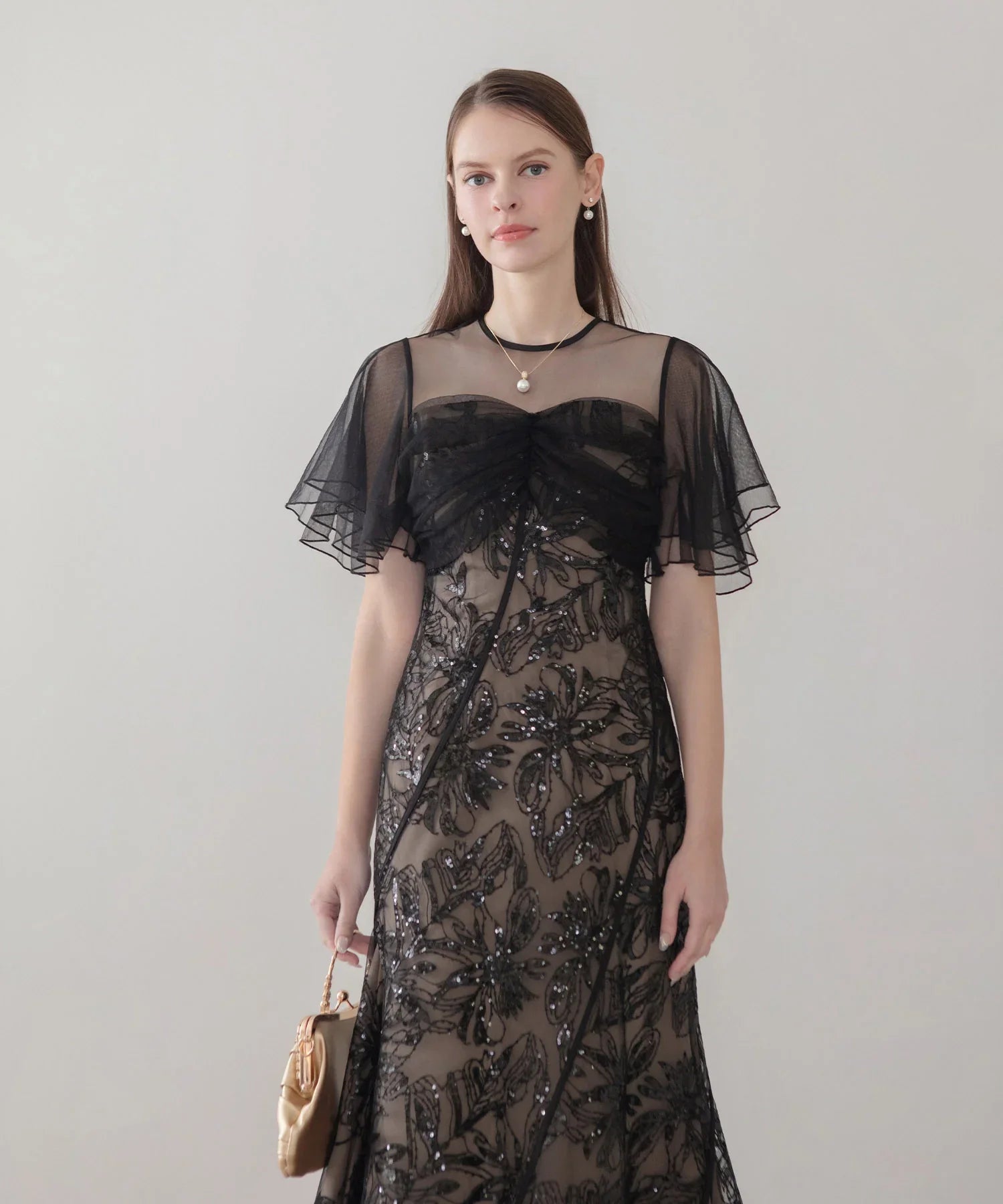 【当日発送】フラワースパンコールチュールフレアスリーブマーメイドワンピースドレス