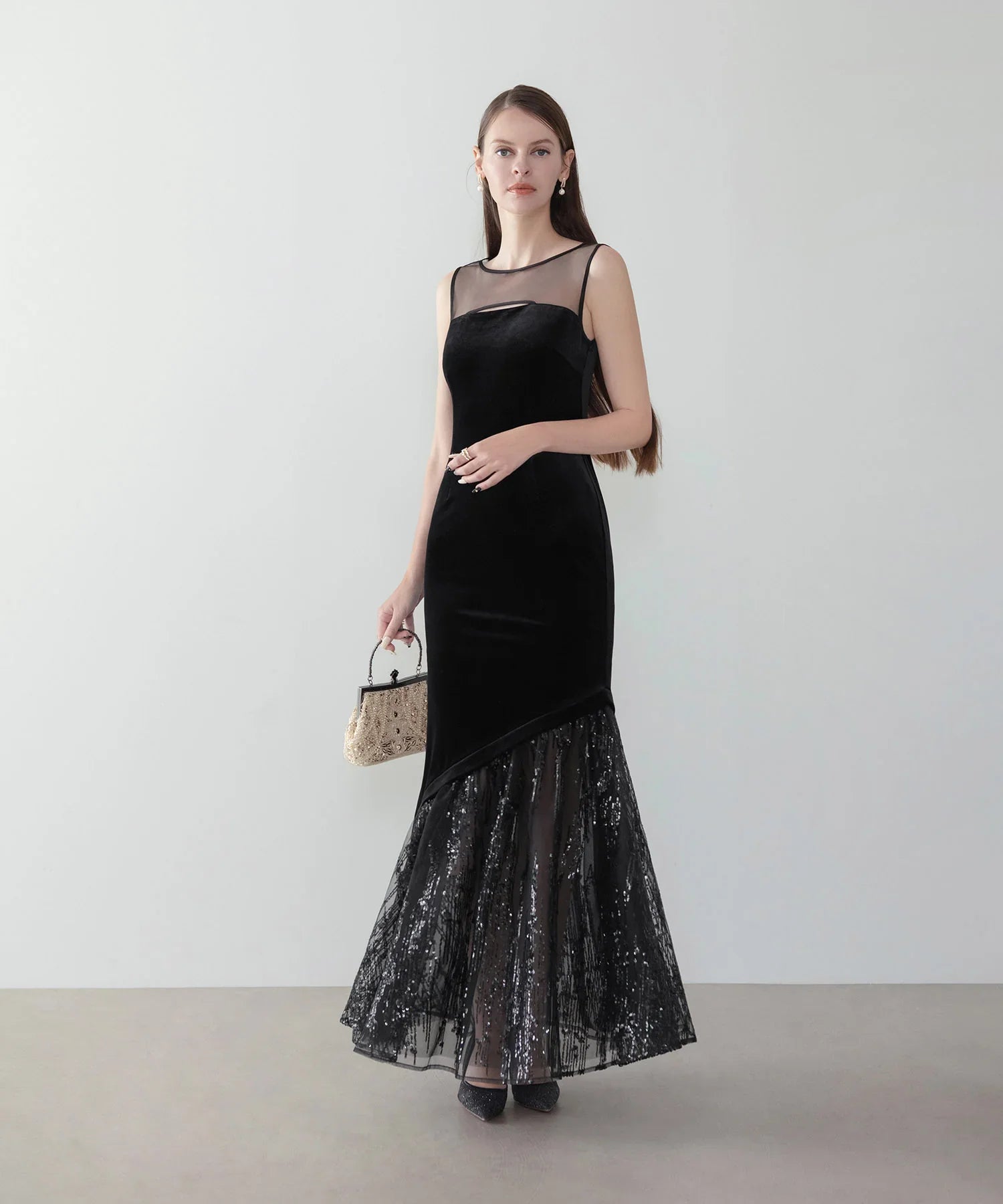 【LEJA LUXE】2WAYアシンメトリーフリルベロアマーメイドドレス