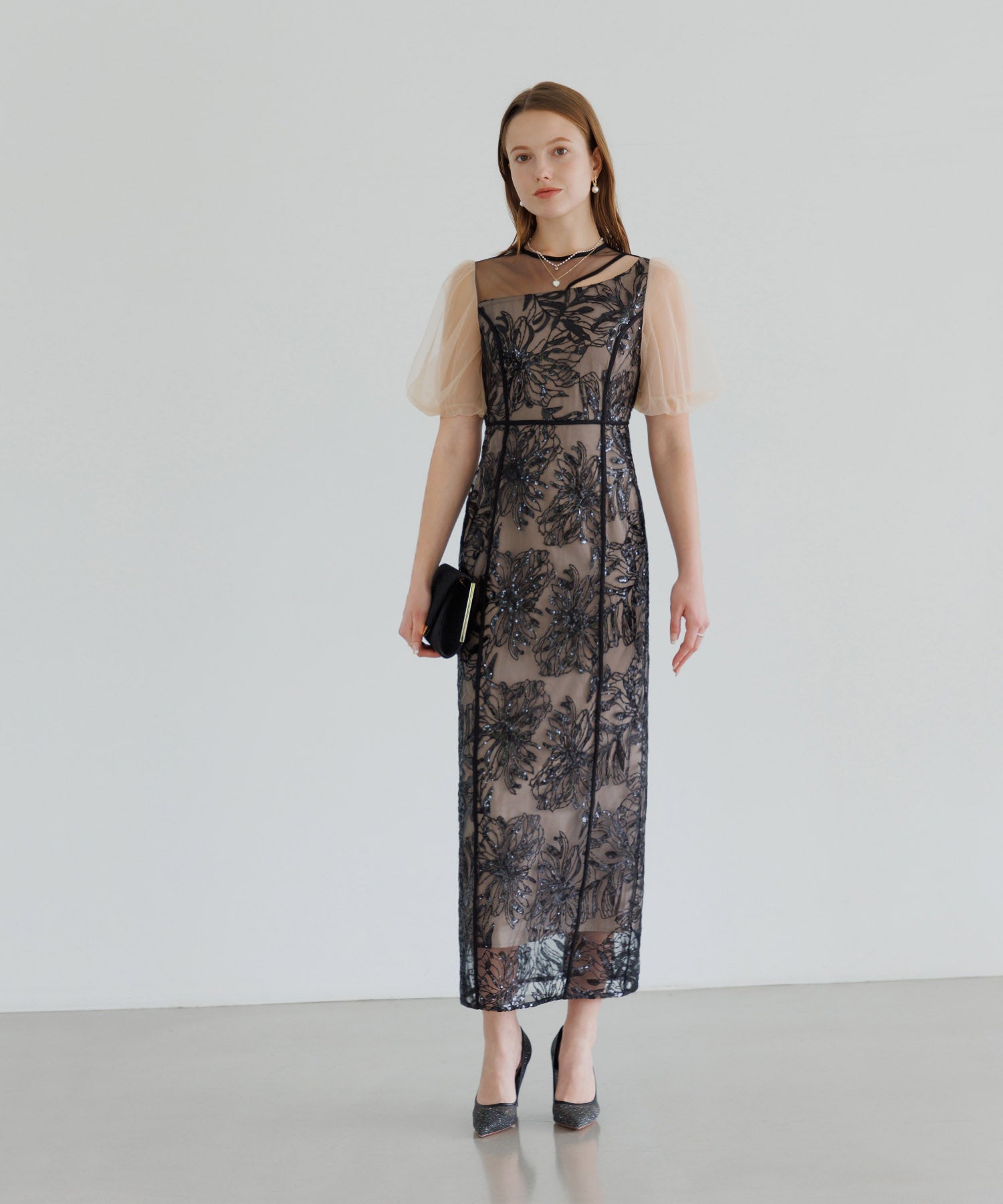 【当日発送】アシンメトリーシアーフラワーワンピースドレス