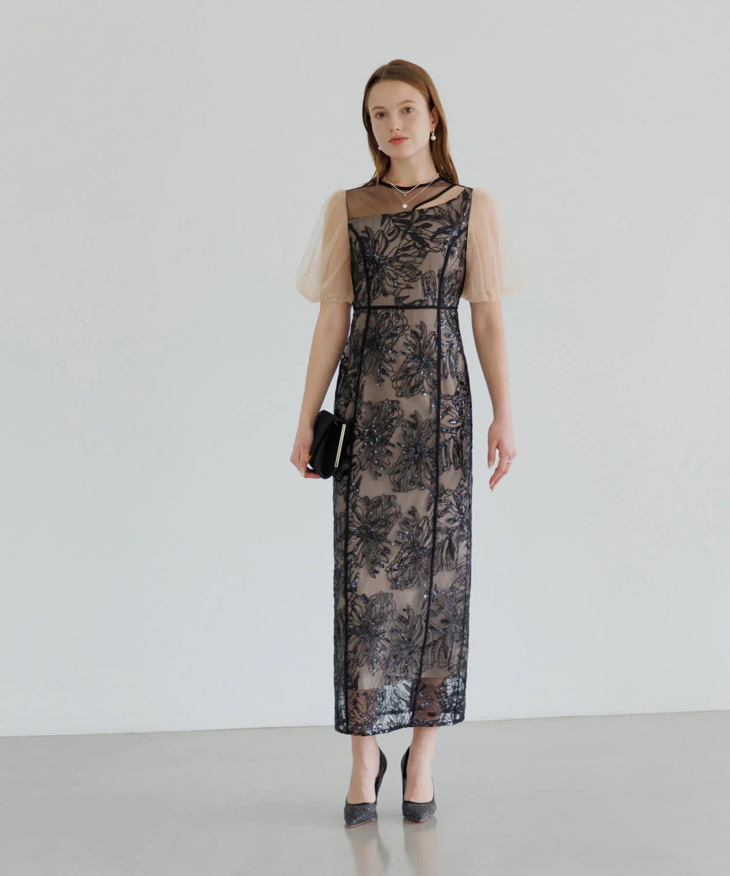 【当日発送】アシンメトリーシアーフラワーワンピースドレス