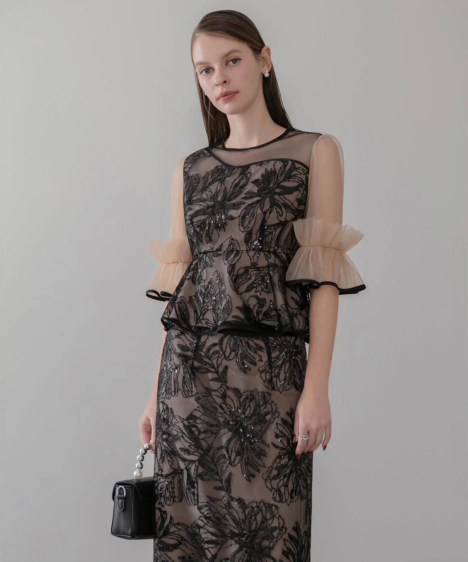 【当日発送】アシンメトリーシアーフラワースパンコールフリルチュール セットアップドレス