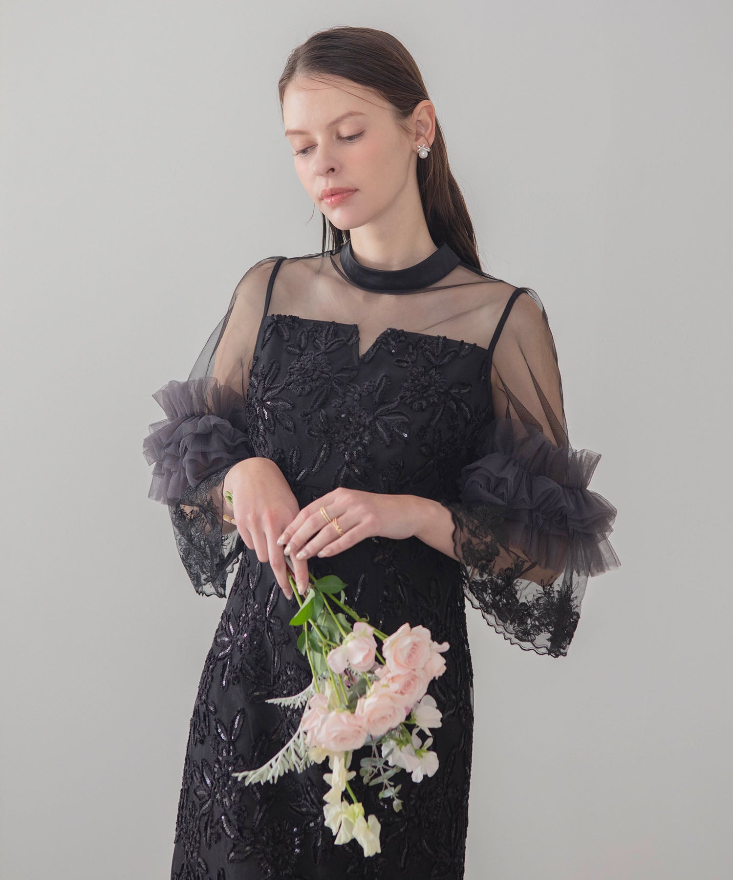 【COMING SOON】シアーチュールフラワーレースIラインワンピースドレス