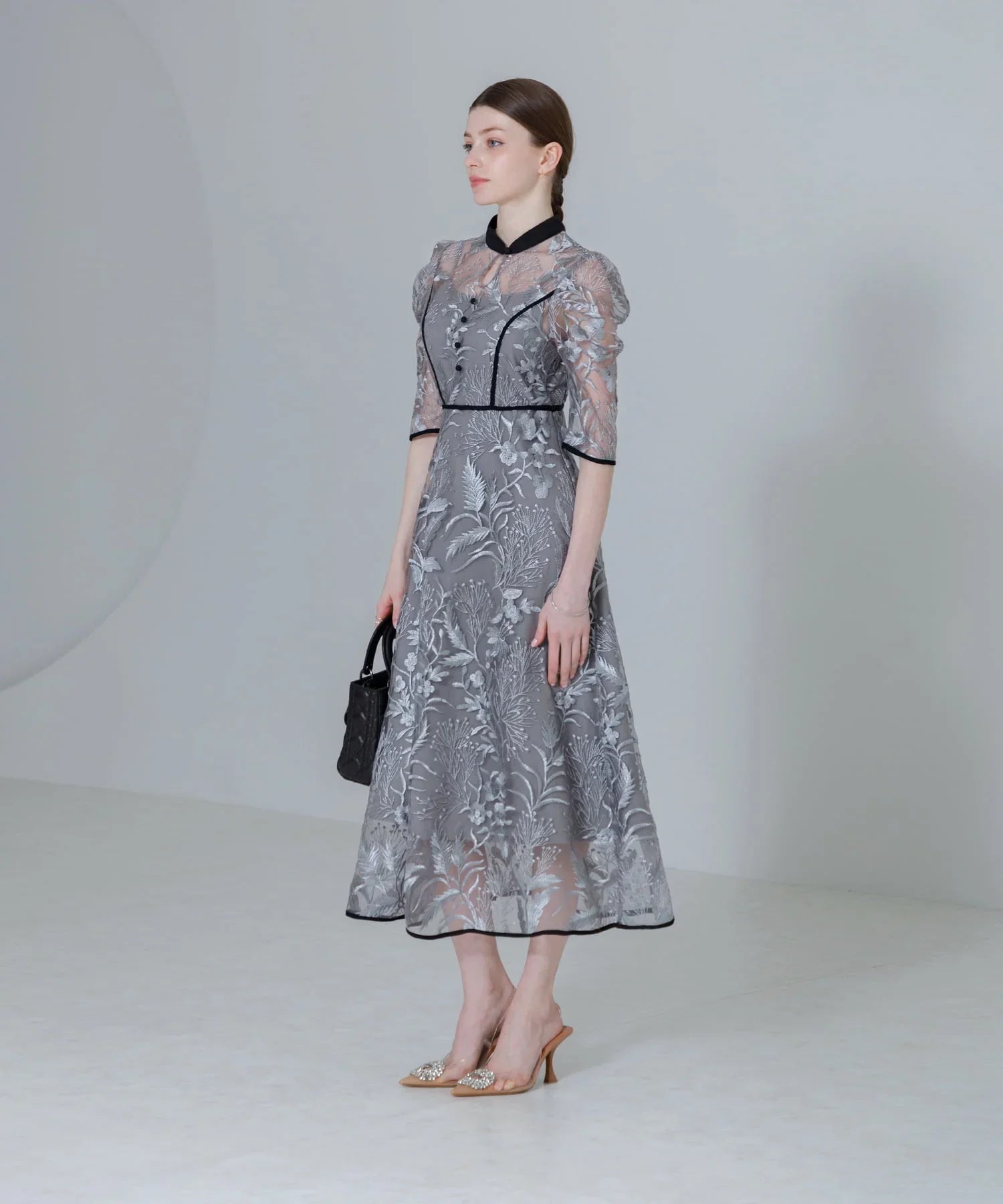 【当日発送】花柄チュールパフスリーブワンピースドレス