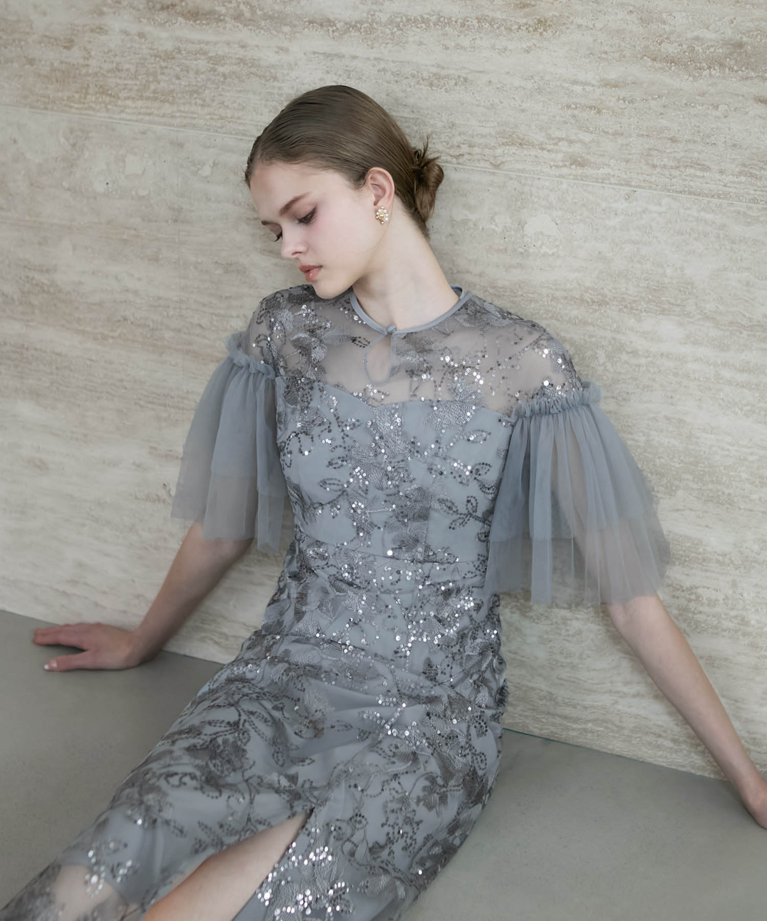 【当日発送】フラワースパンコールチュールスリーブIラインドレス