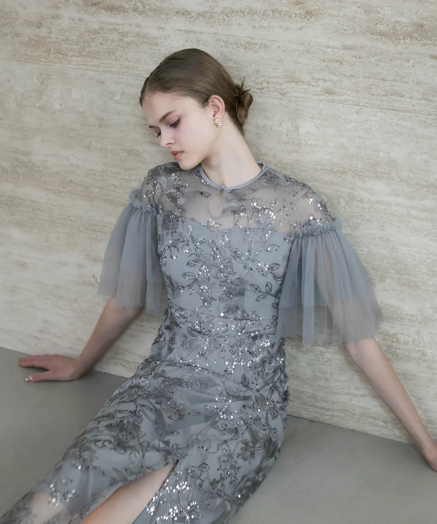 【当日発送】フラワースパンコールチュールスリーブIラインドレス