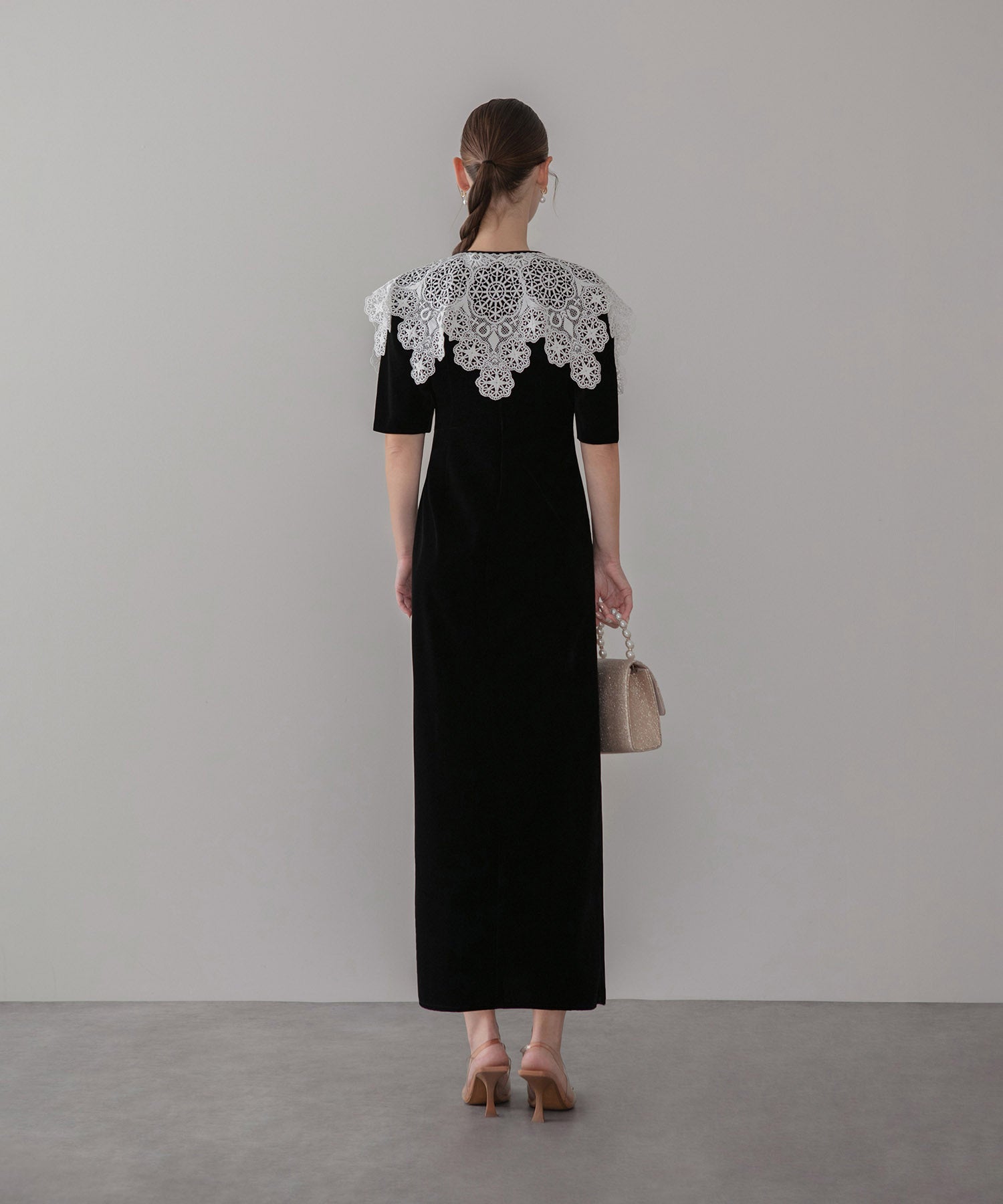 【当日発送】レースカラーベロアIラインワンピースドレス