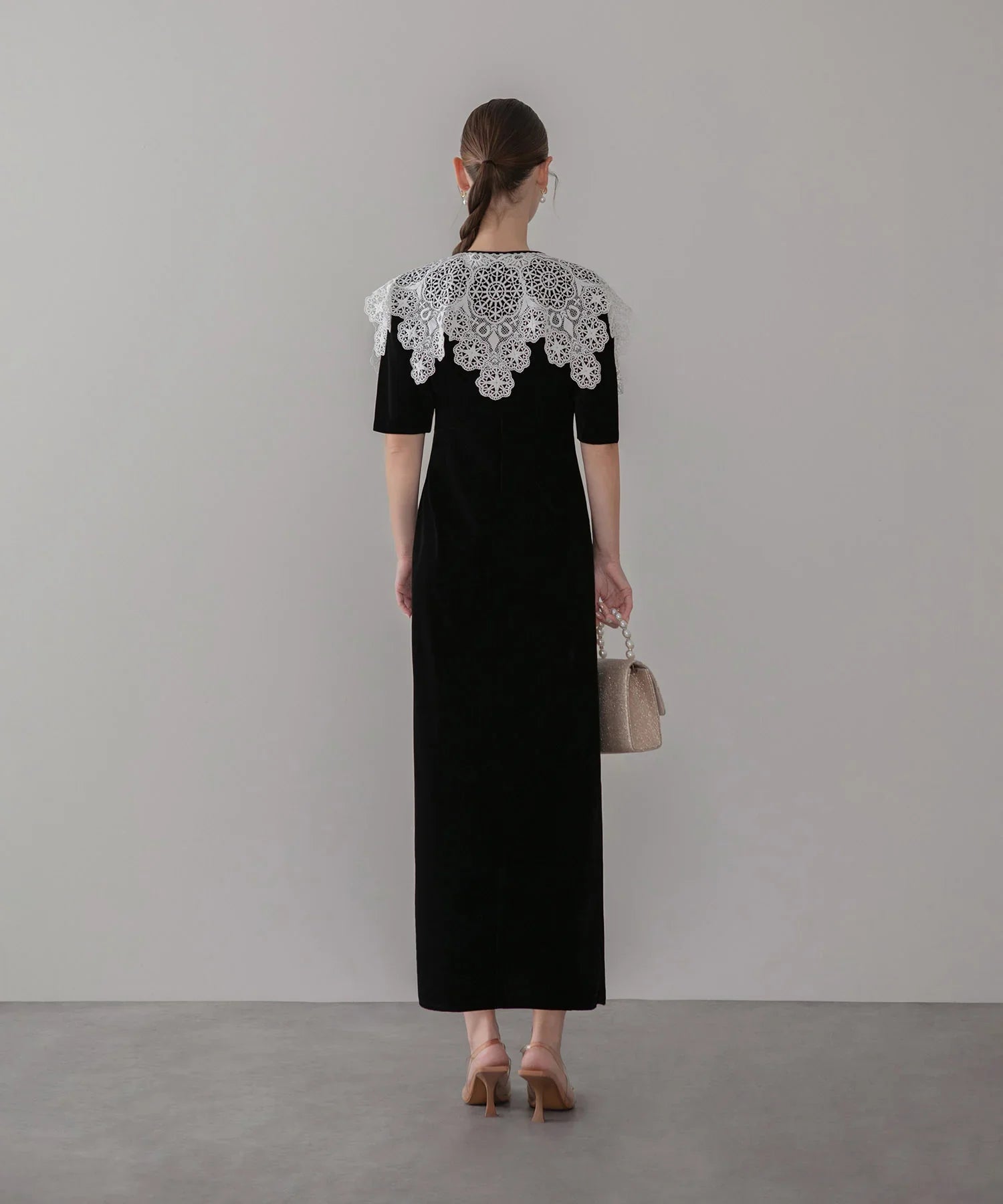 【当日発送】レースカラーベロアIラインワンピースドレス