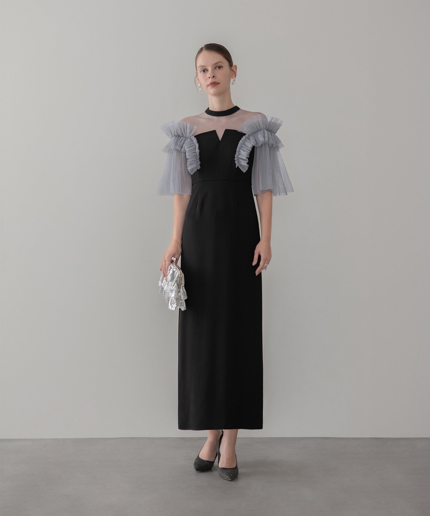 【当日発送】チュールフリルショルダーシアーIラインワンピースドレス