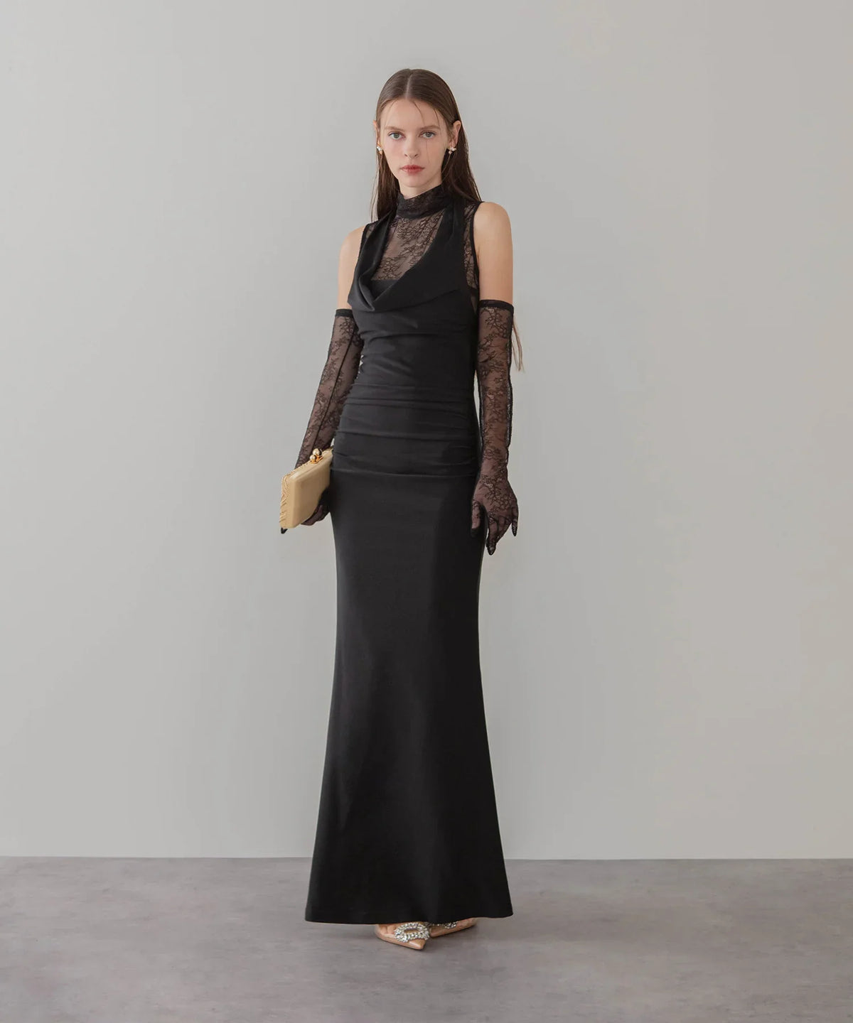 LEJA LUXE】2WAYシアーレースグローブクラシックブラックマーメイドドレス