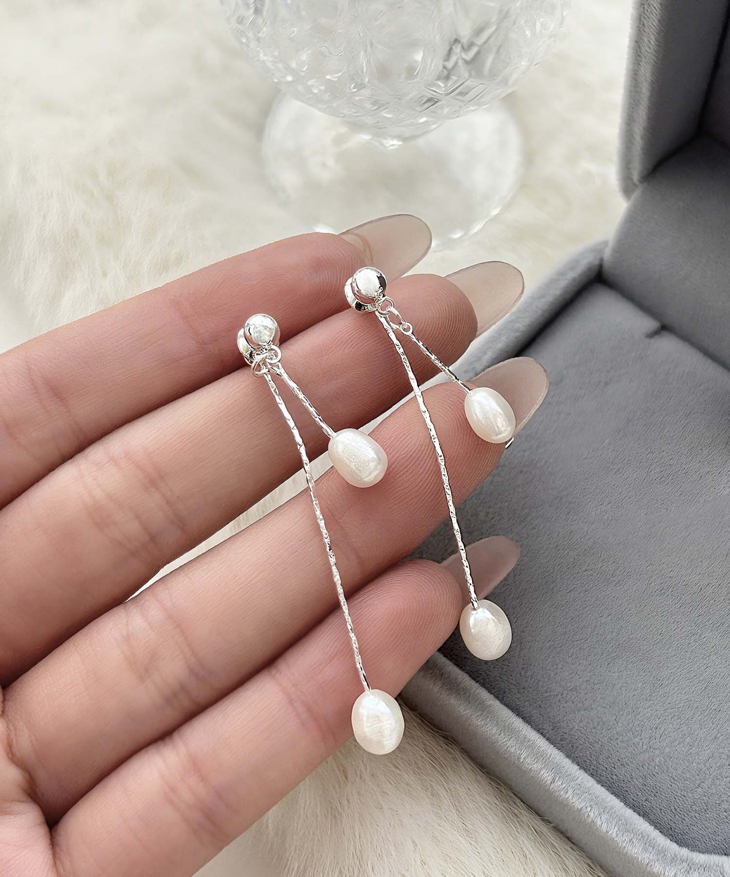 【当日発送】ダブルロングチェーンスレンダードロップパールピアス