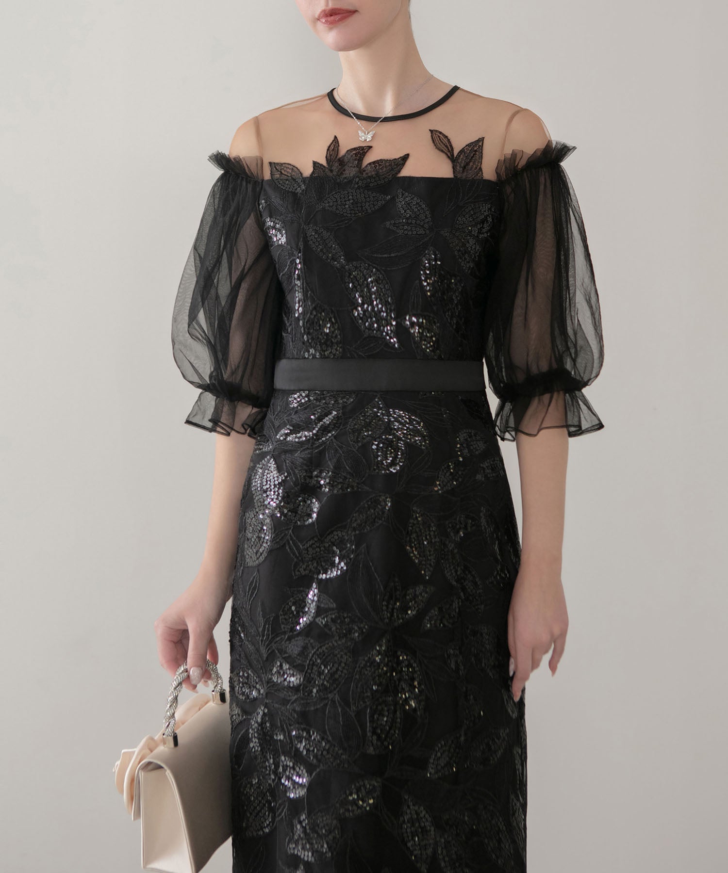 【当日発送】リーフスパンコールチュールパフスリーブIラインワンピースドレス