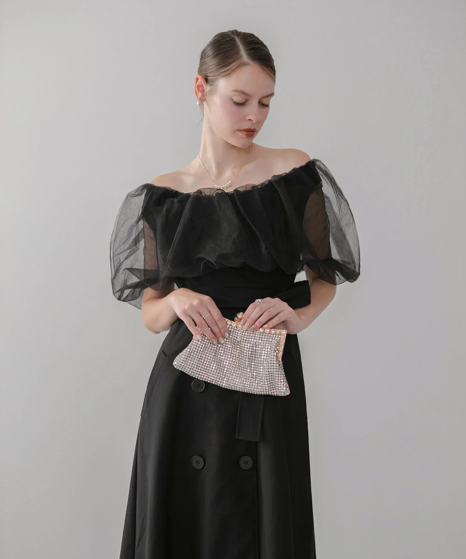 【当日発送】3WAYオフショルチュールトレンチディティールワンピ―スドレス