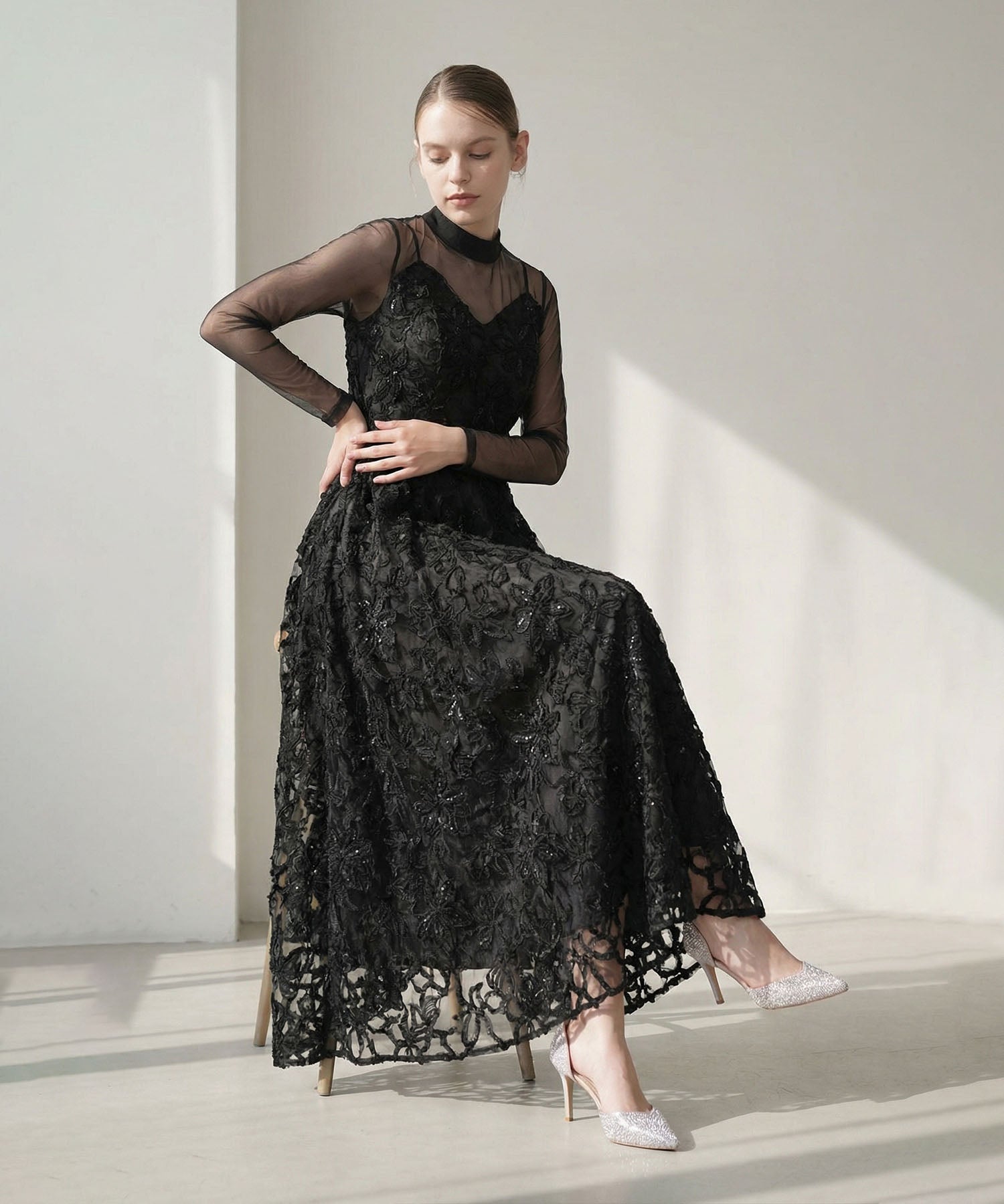 【当日発送】シアーフラワーレースレイヤードワンピース