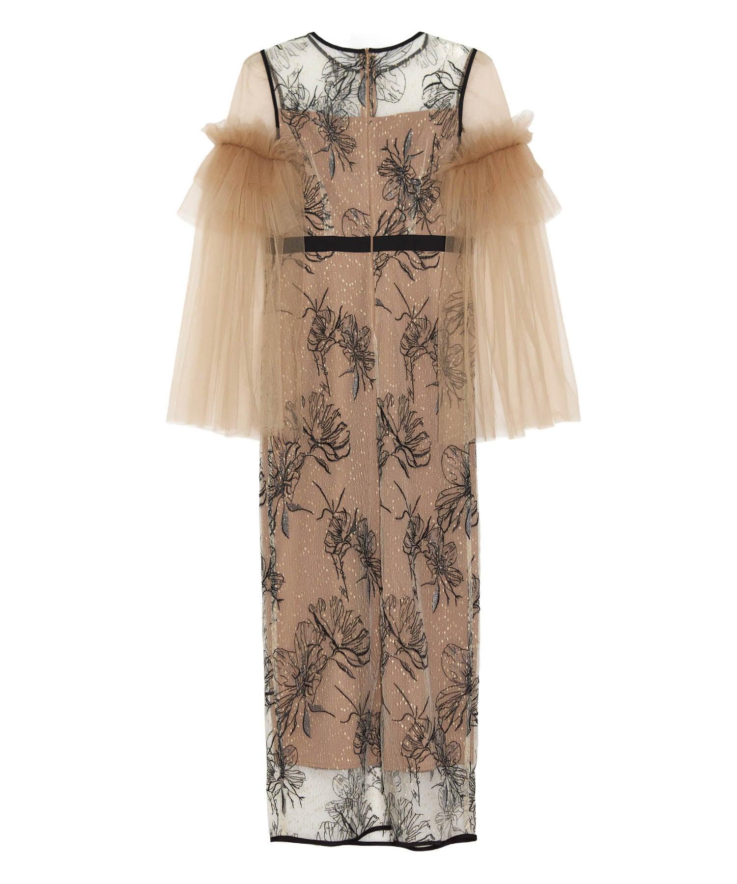 【当日発送】フラワーチュールフリルスリーブIラインワンピースドレス