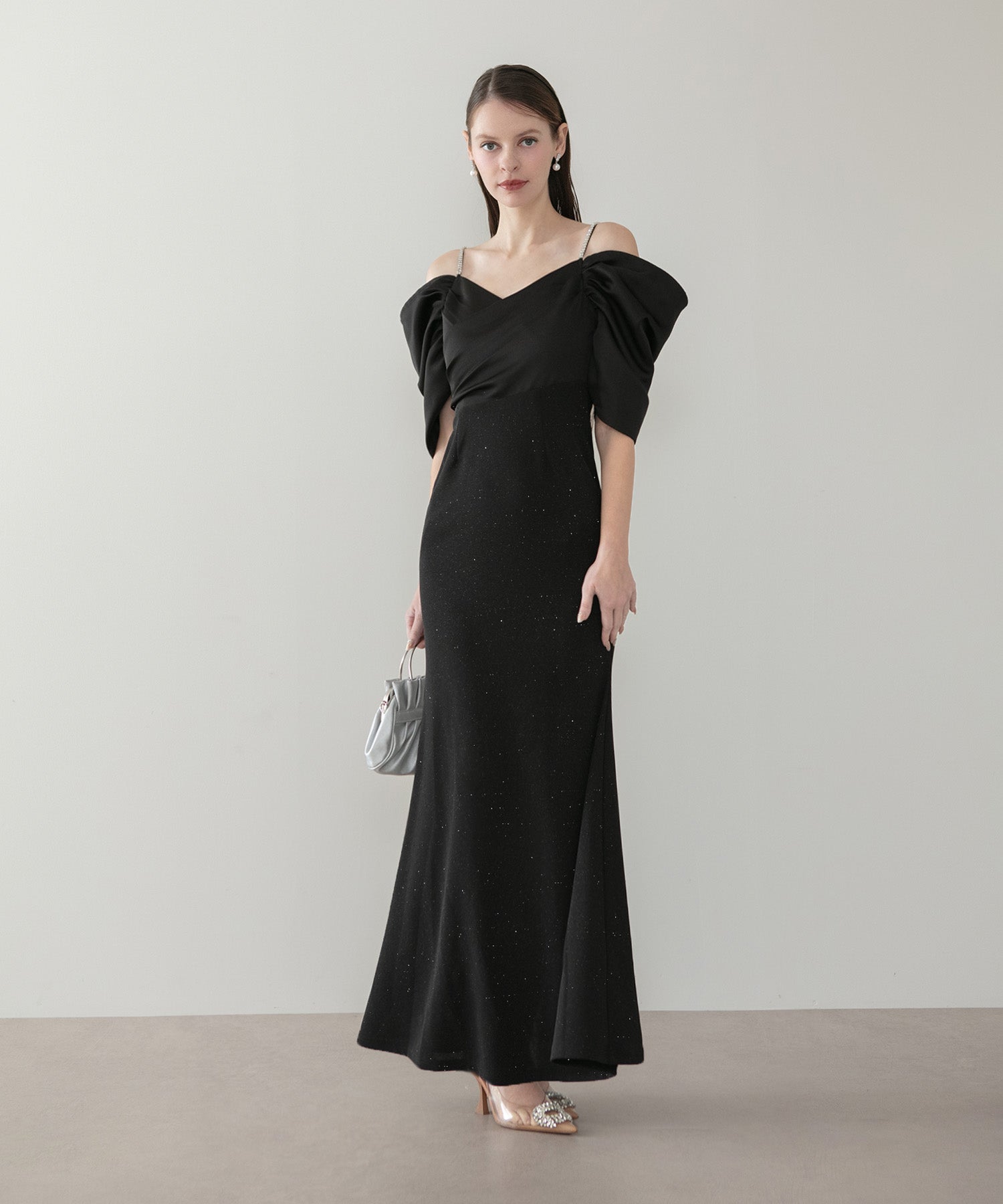 【当日発送】ビジューストラップタックオフショルダーマーメイドワンピースドレス