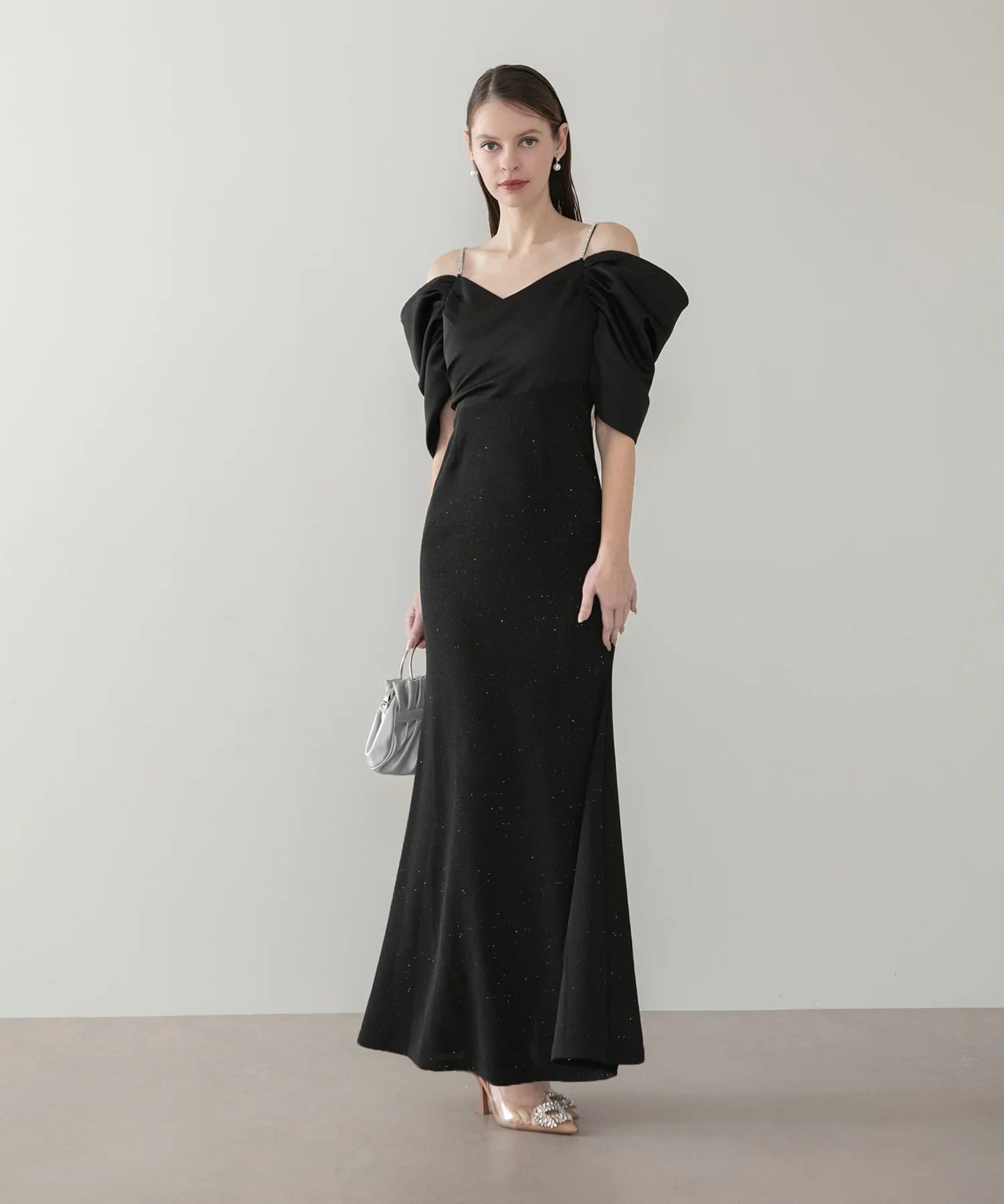 【LEJA LUXE】ビジューストラップタックオフショルダーマーメイドワンピースドレス