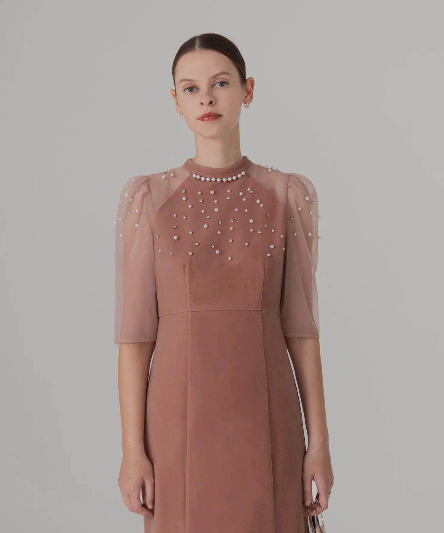 【当日発送】シアースリーブパールビジューベロアマーメイドワンピースドレス