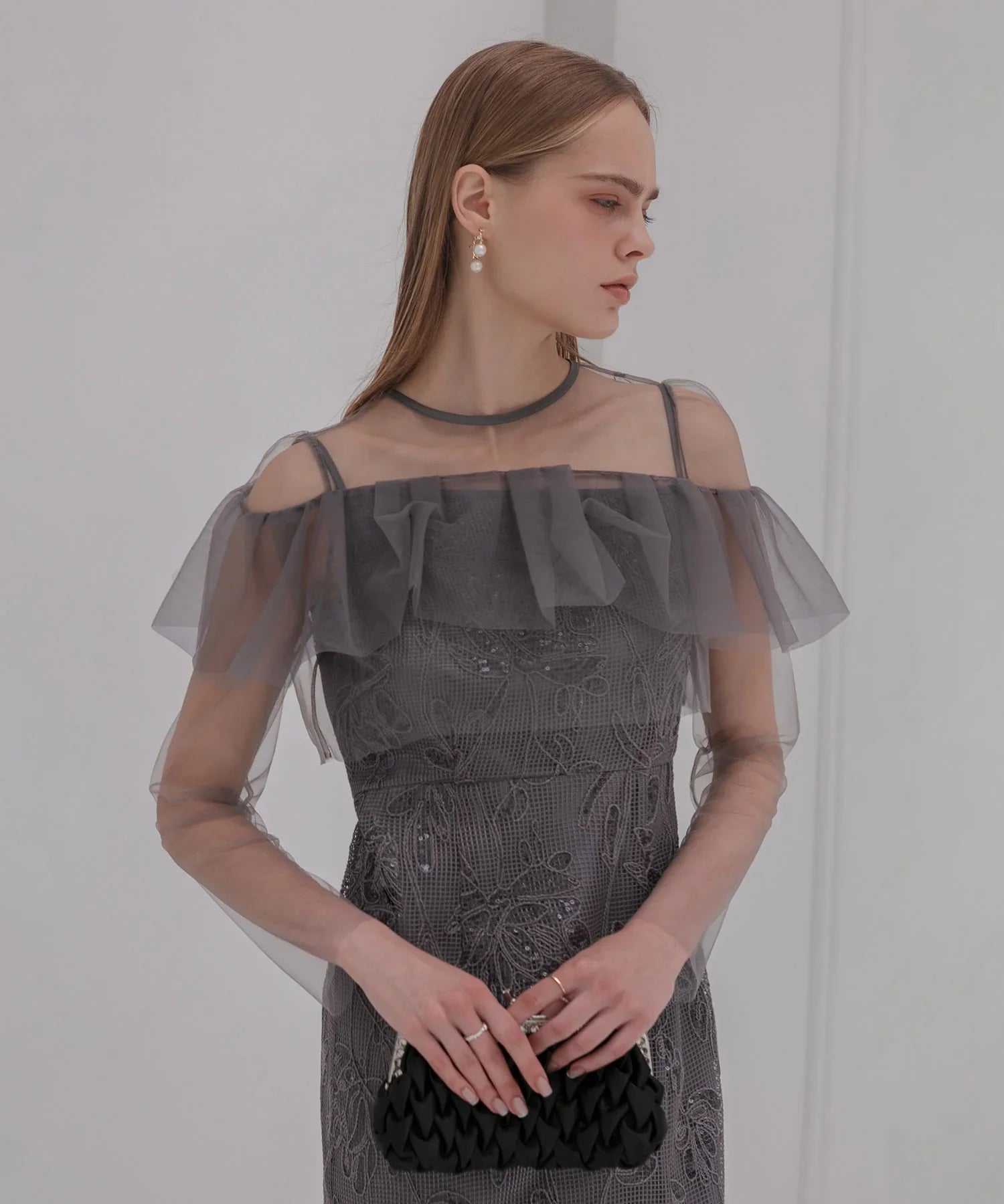 【当日発送】2WAYアシンメトリーフリルチュールフラワーIラインワンピースドレス