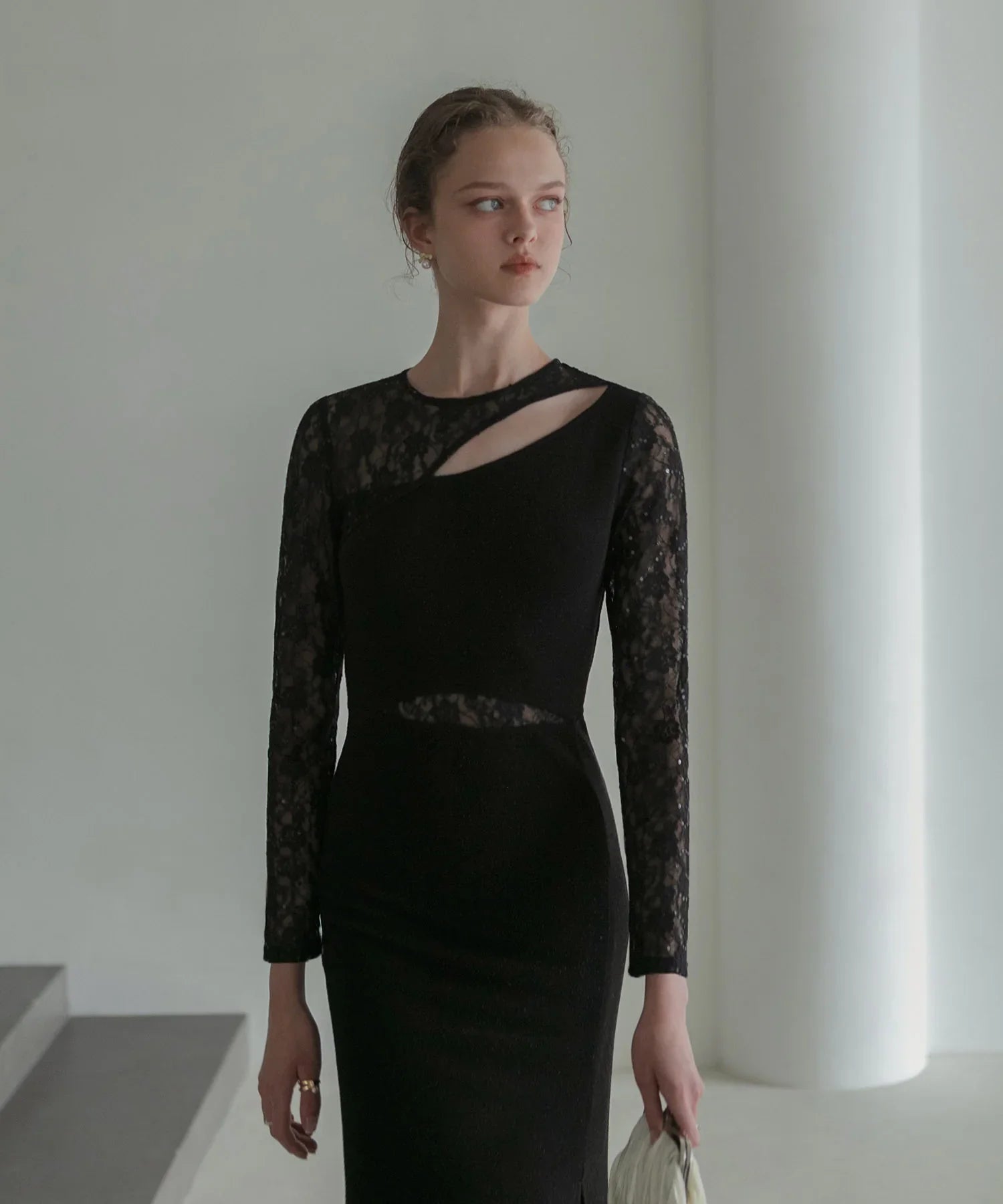 【LEJA LUXE】アシンメトリーレーススリムフィットIラインドレス