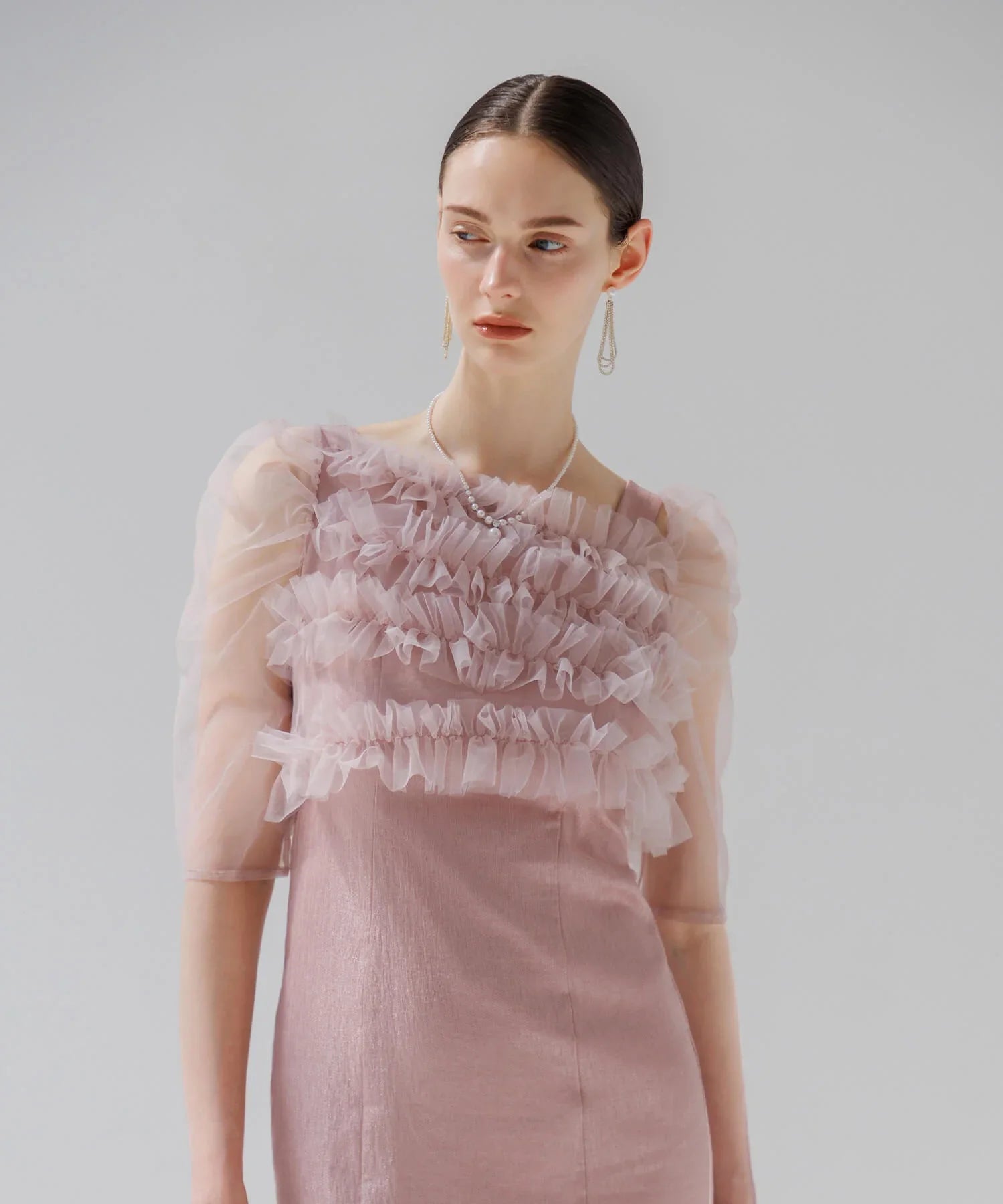 【SOLD OUT】チュールアシンメトリーティアードフリルIラインワンピースドレス