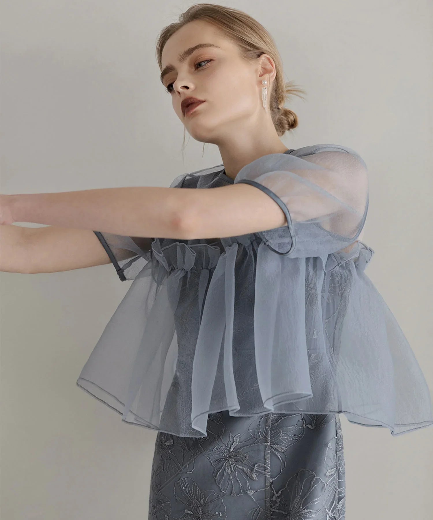 【当日発送】ボリュームシアーフリルジャガードIラインワンピースドレス