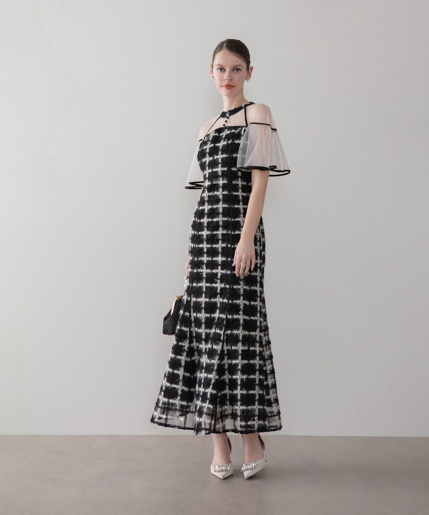 【当日発送】ラメシャギーツイードチェックフリルマーメイドワンピースドレス