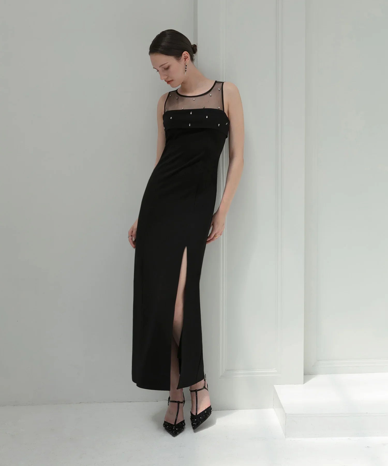 【LEJA LUXE】2WAY front sheer bejeweled I-line dress