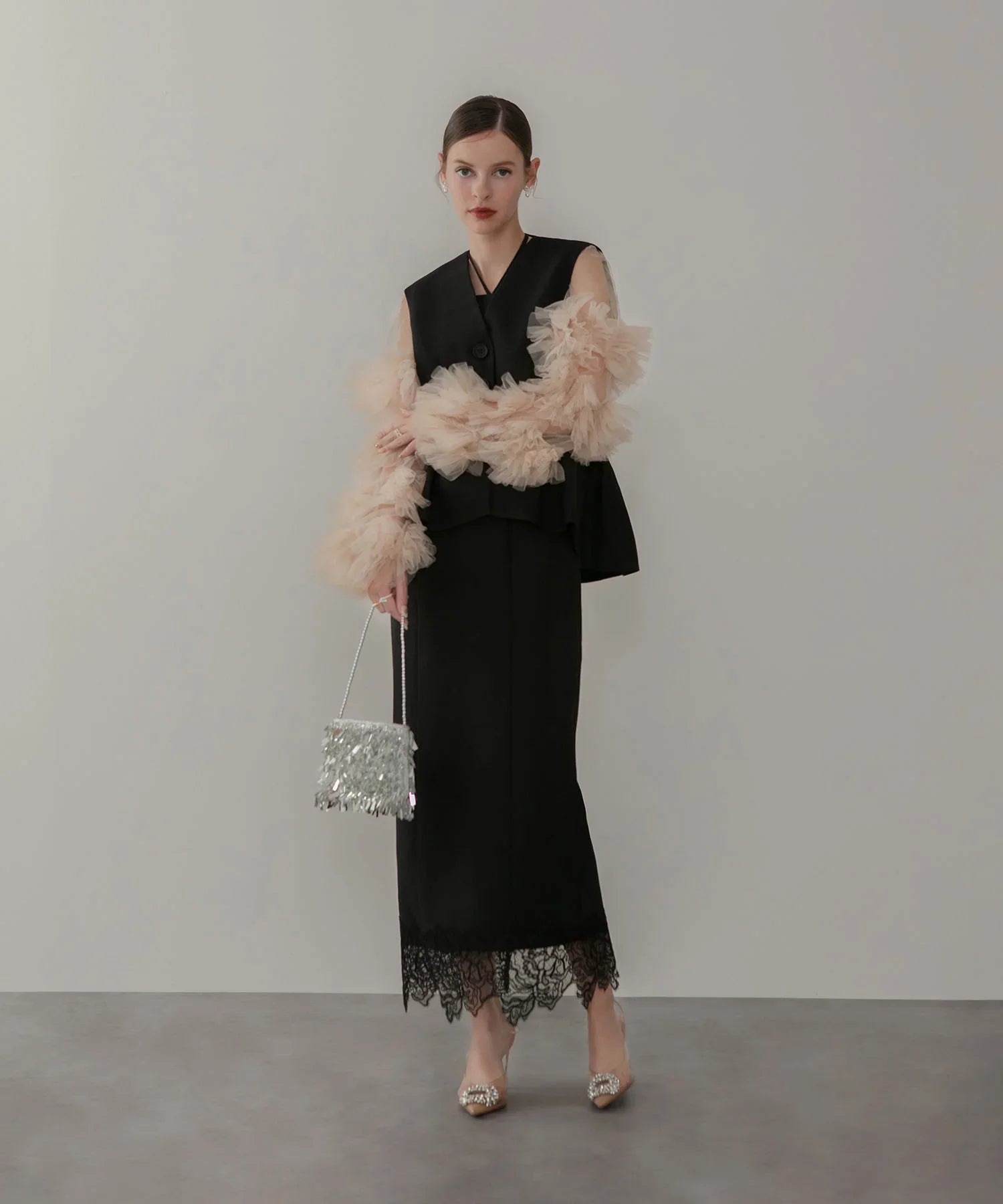 【当日発送】チュールフリルスリーブベストセットワンピースドレス