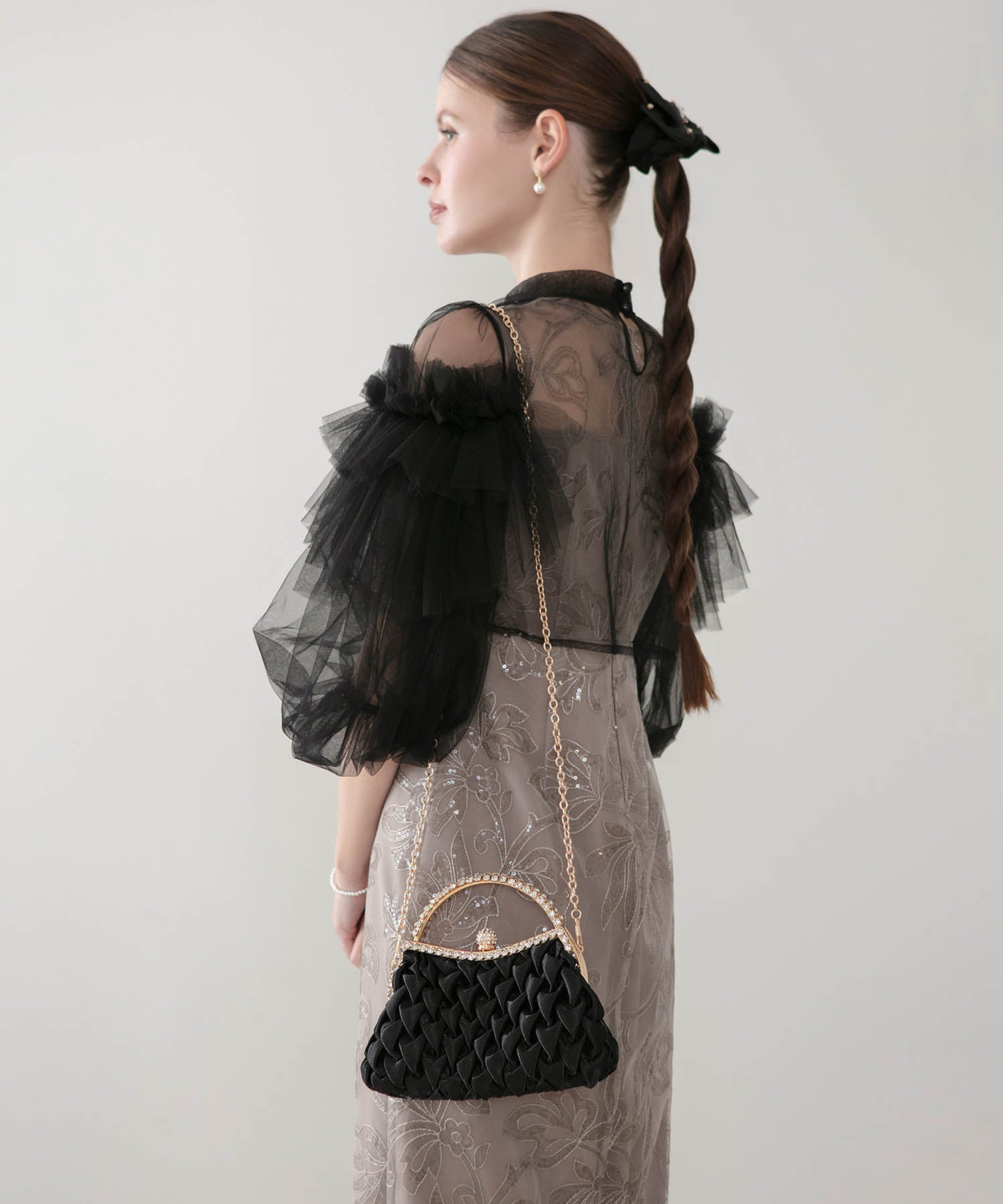 【一部当日発送】ビジューハンドルスモッキングサテン2WAYバッグ