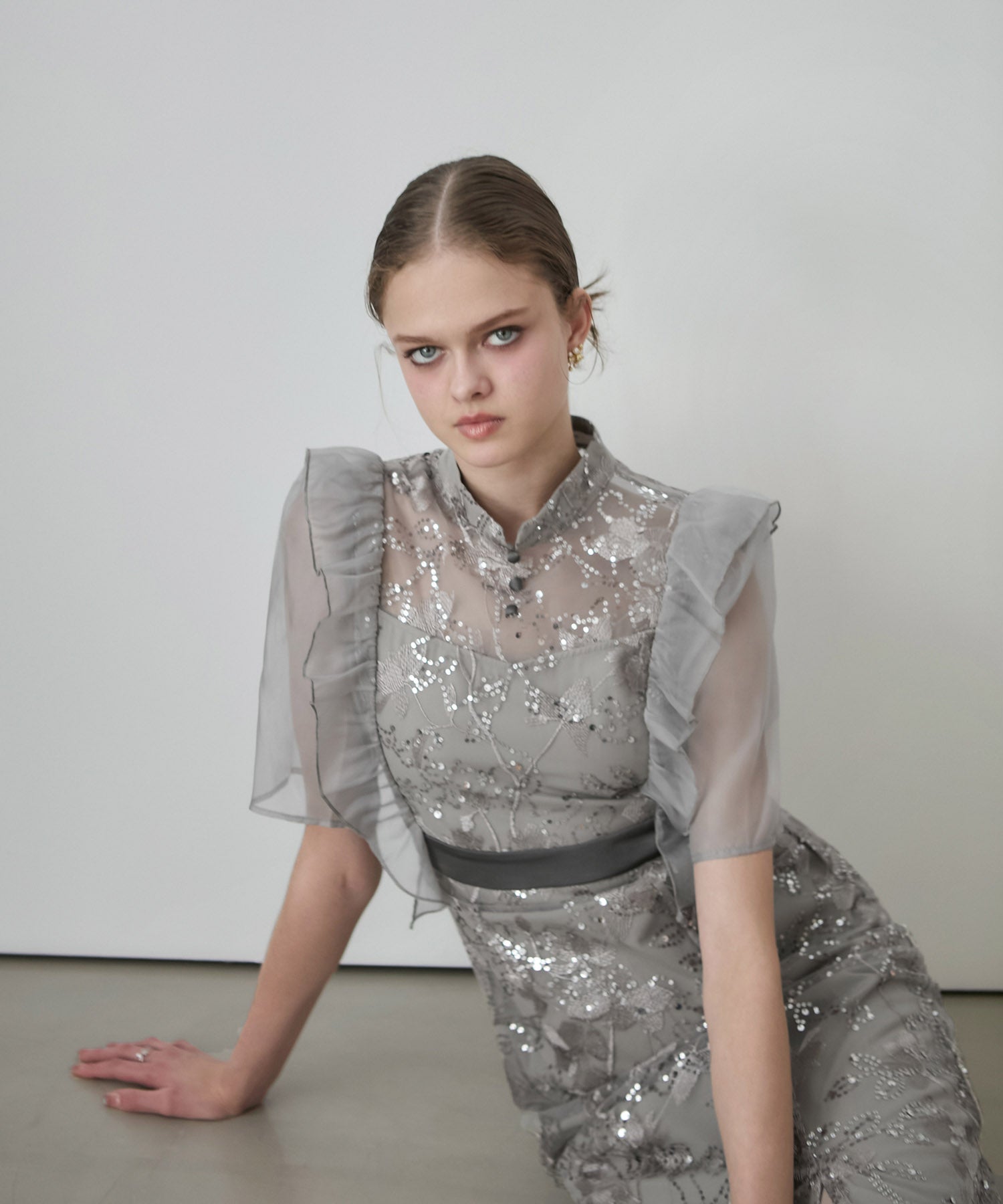 【当日発送】フラワースパンコールシアーフリルIラインワンピースドレス