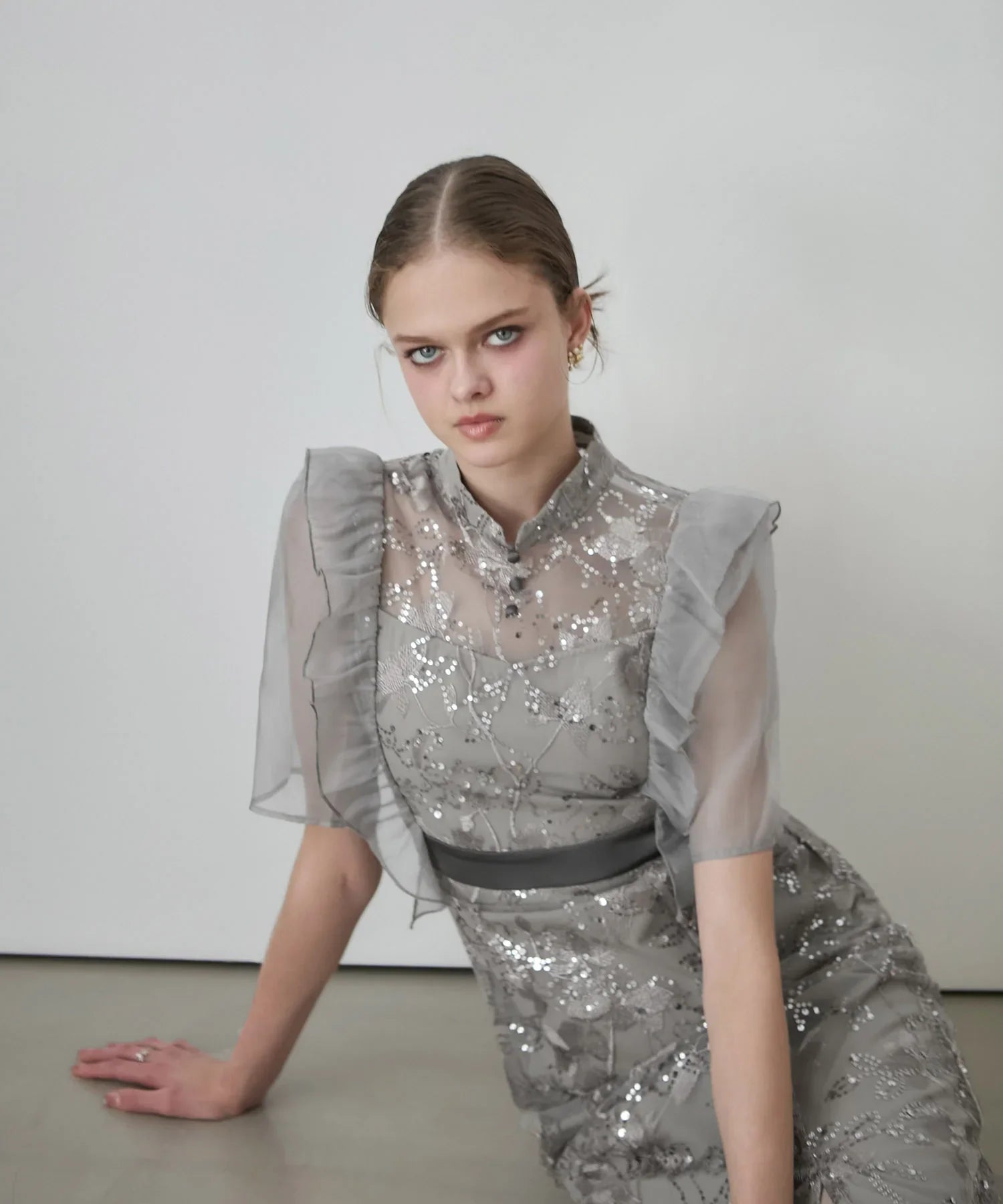 【当日発送】フラワースパンコールシアーフリルIラインワンピースドレス