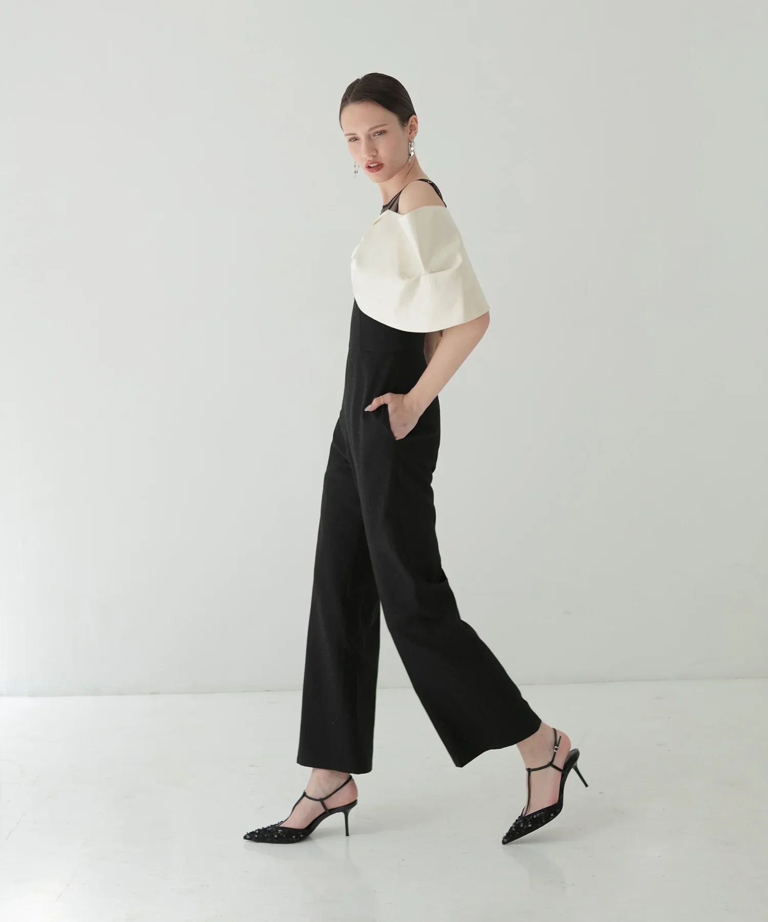 【LEJA LUXE】2WAY Ribbon Bustier Jewel Stone Pants Dress