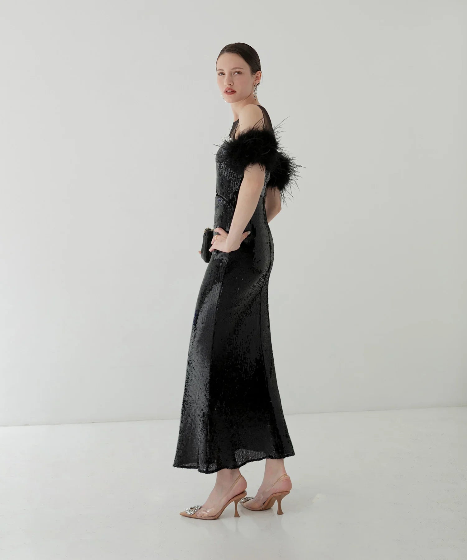 【LEJA LUXE】2WAYファースリーブスパンコールマーメイドドレス