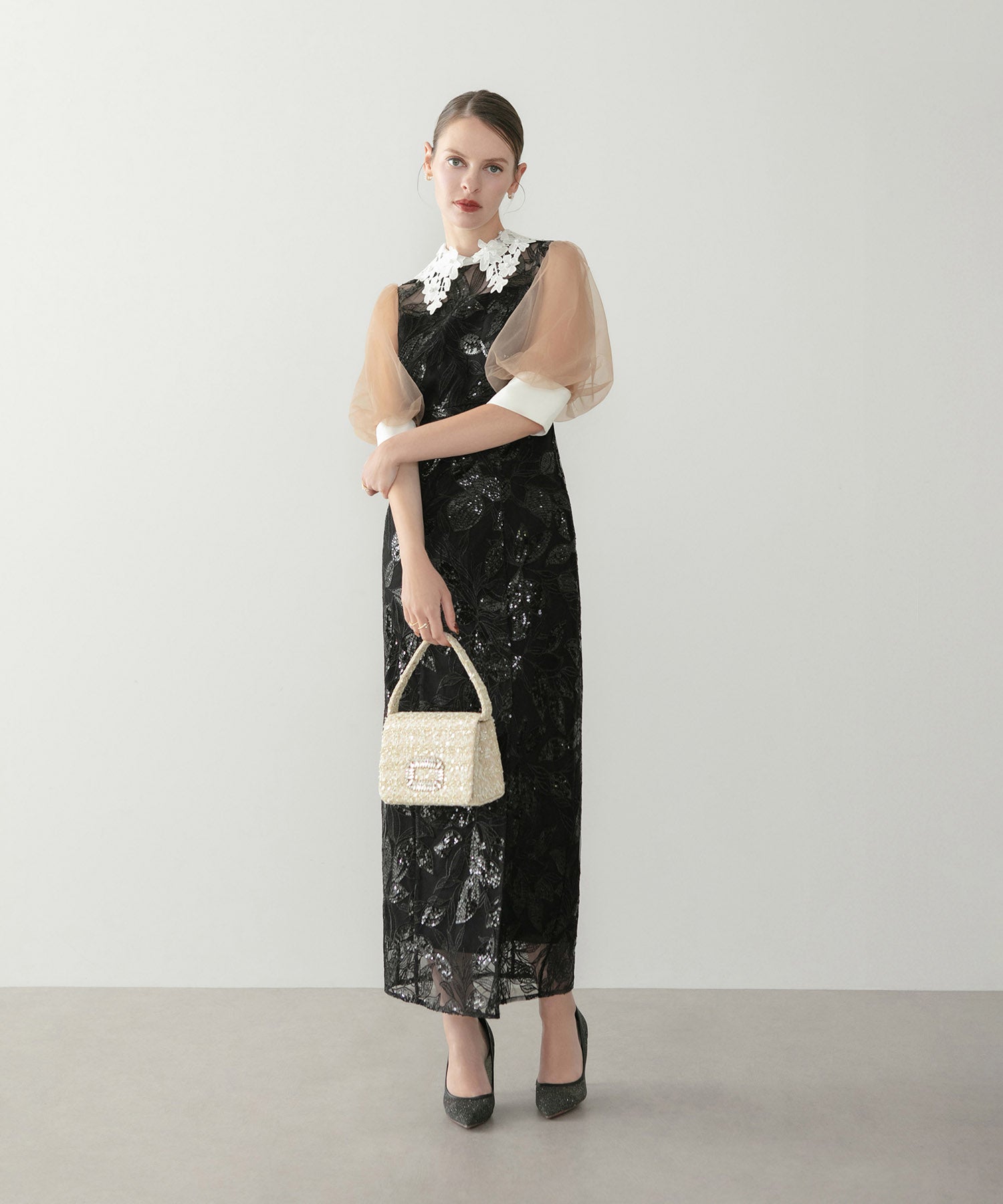 【当日発送】レースカラーリーフスパンコールパフスリーブIラインワンピースドレス