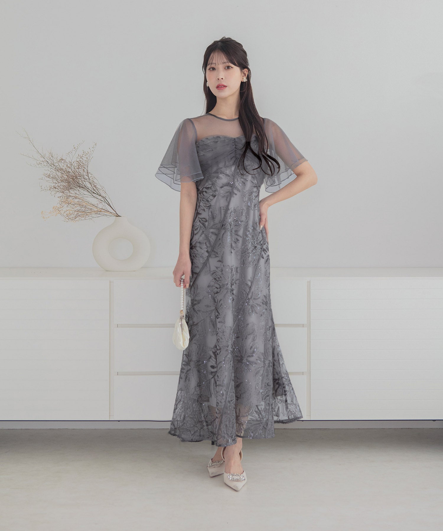 【予約販売】フラワースパンコールチュールフレアスリーブマーメイドワンピースドレス