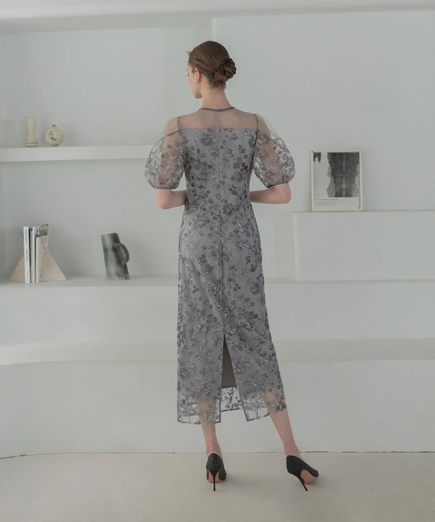 【当日発送】フラワーディテールパフスリーブIラインワンピースドレス