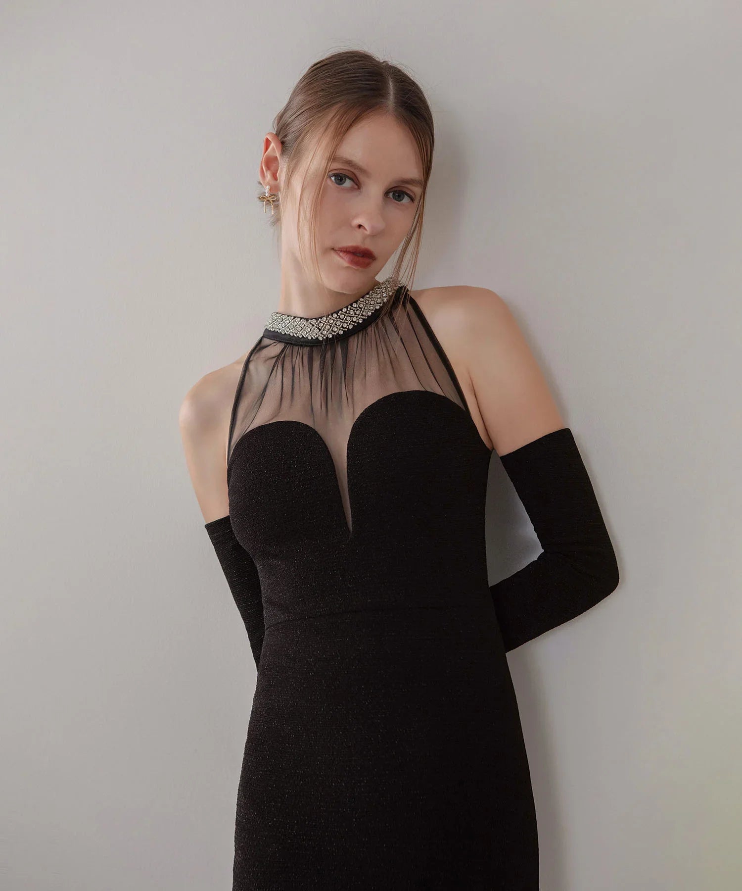 【LEJA LUXE】シアーネックビジューデザインブラックマーメイドロングドレス