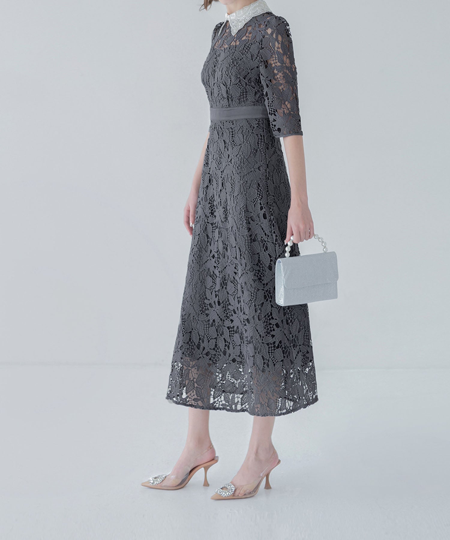 【一部当日発送】花柄レースビジューカラーAラインワンピースドレス