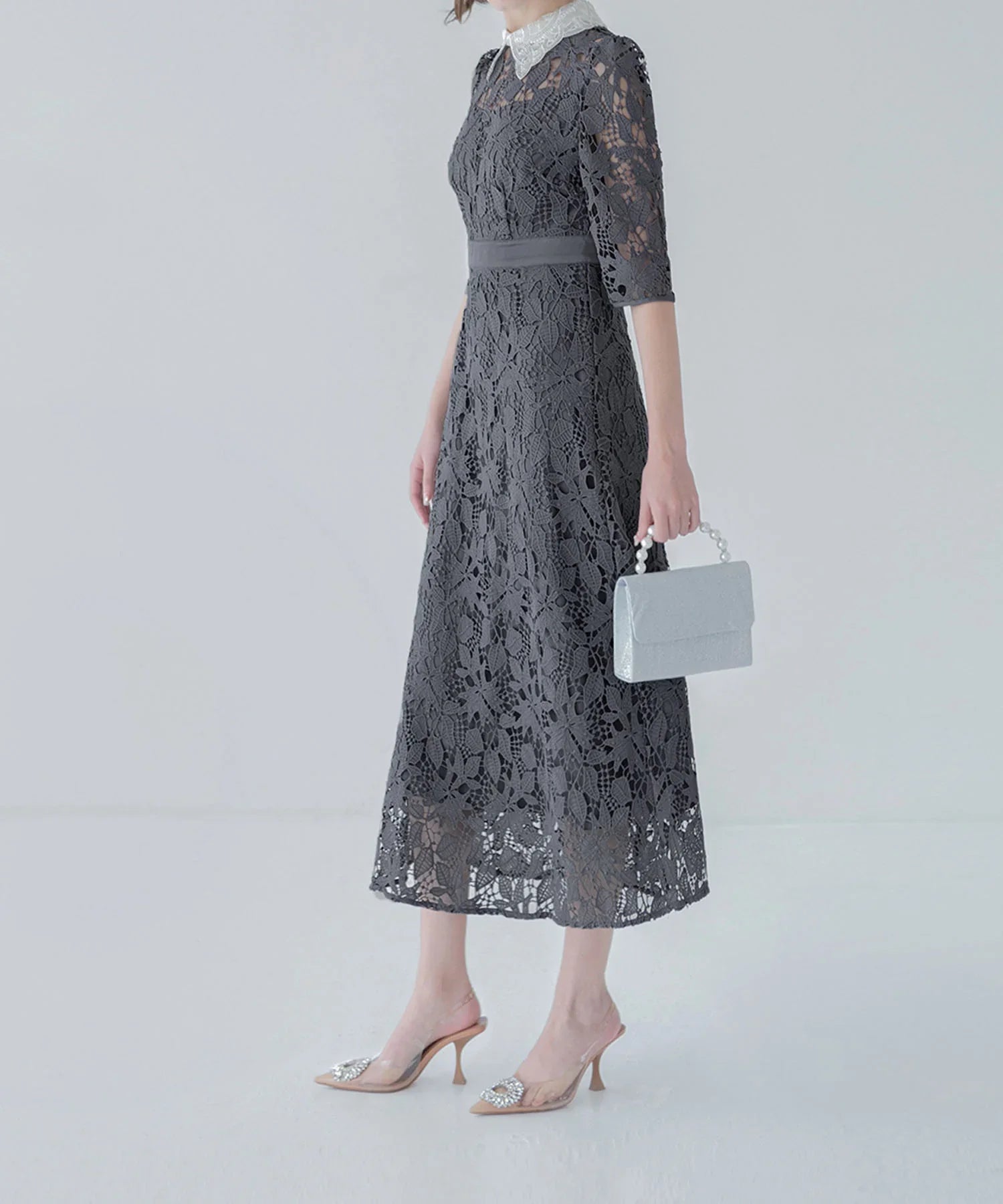 【一部当日発送】花柄レースビジューカラーAラインワンピースドレス