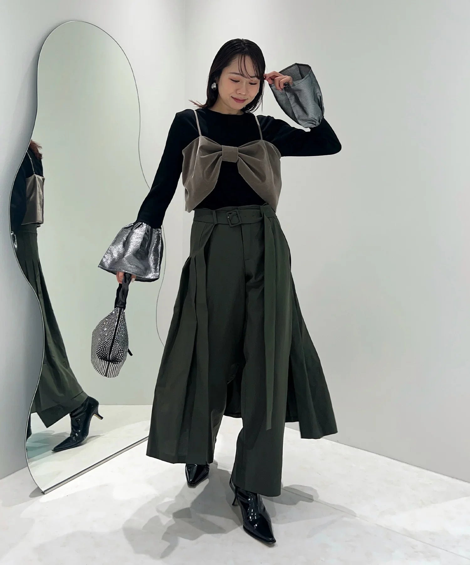 【当日発送】2WAYリボンビスチェドットストーンベロアワンピースドレス