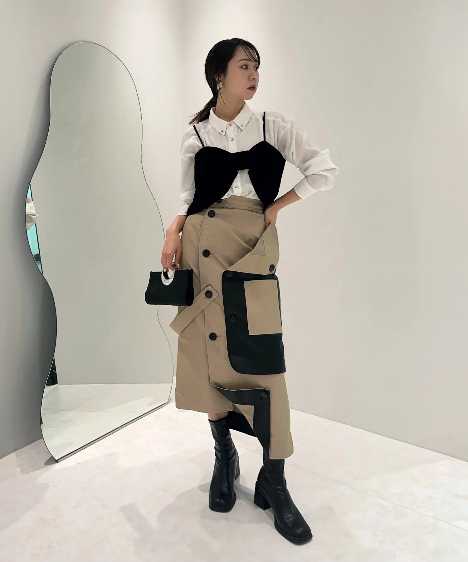 【当日発送】2WAYリボンビスチェドットストーンベロアワンピースドレス