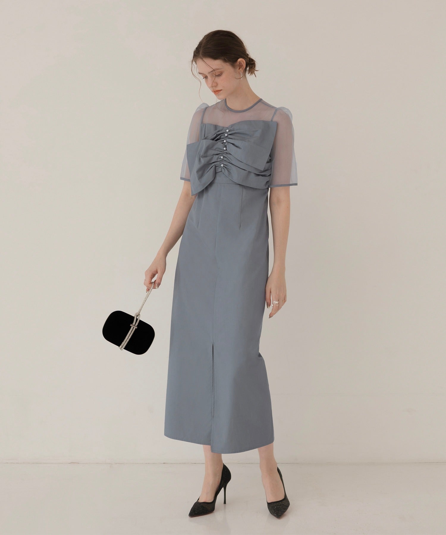 【当日発送】フロントプリーツシアースリーブIラインワンピースドレス