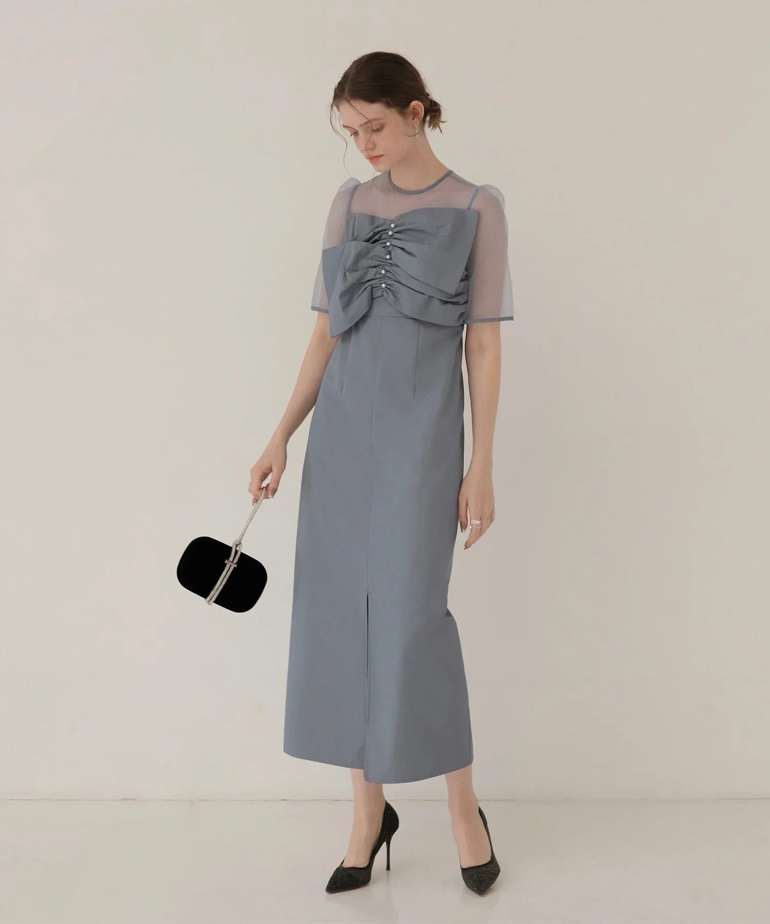 【当日発送】フロントプリーツシアースリーブIラインワンピースドレス