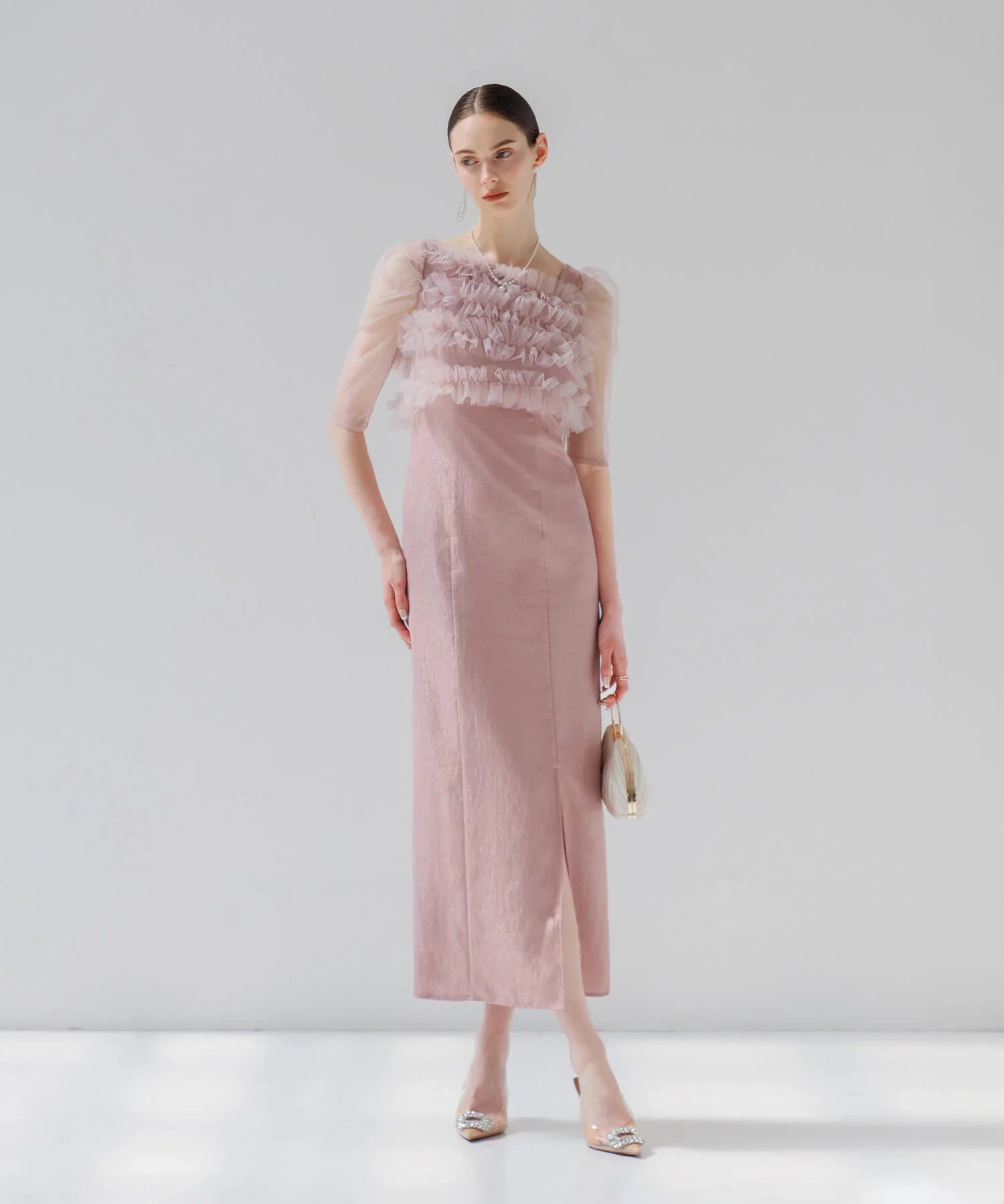 【SOLD OUT】チュールアシンメトリーティアードフリルIラインワンピースドレス