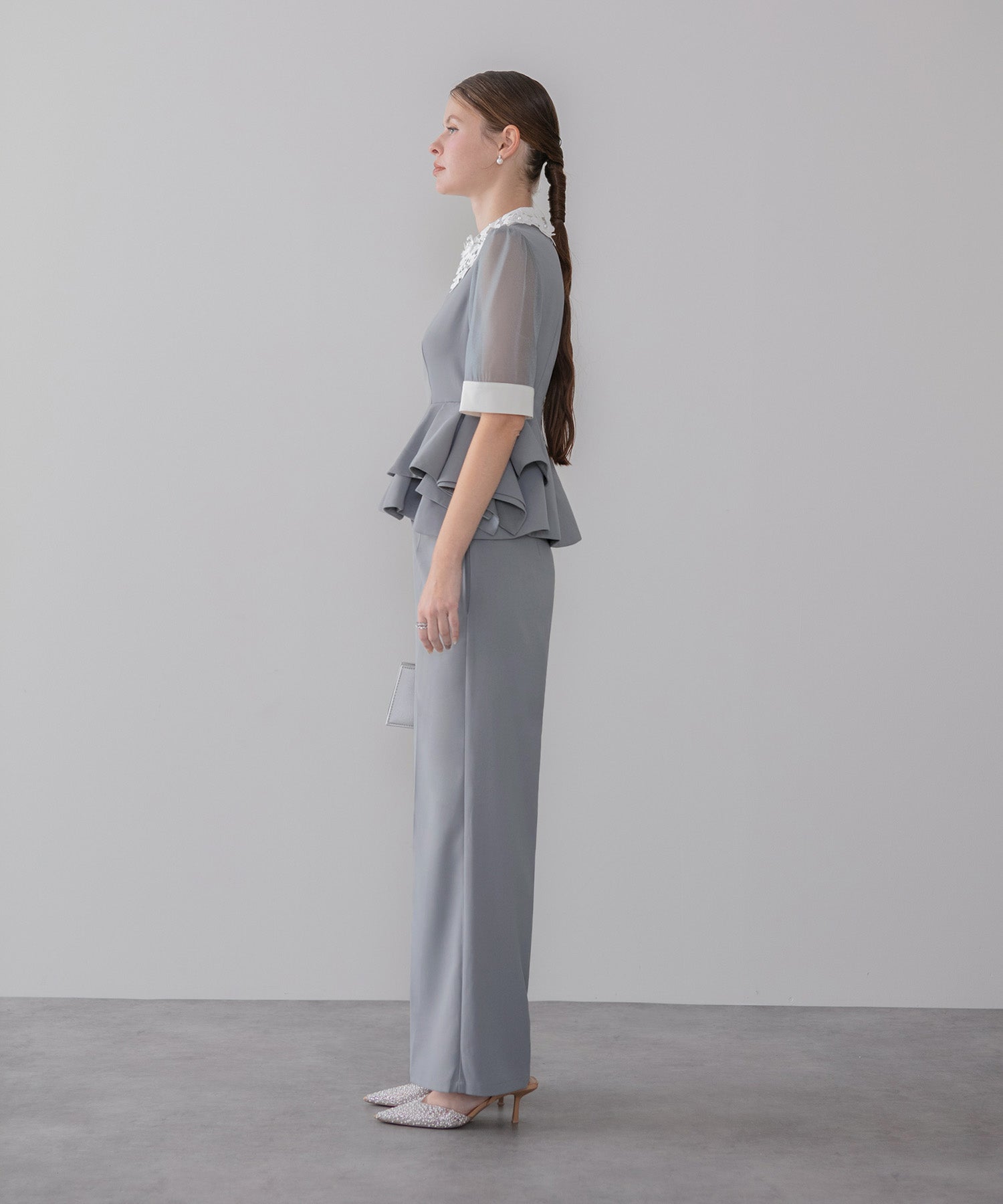 【当日発送】レースカラーペプラムブラウスパンツセットアップドレス