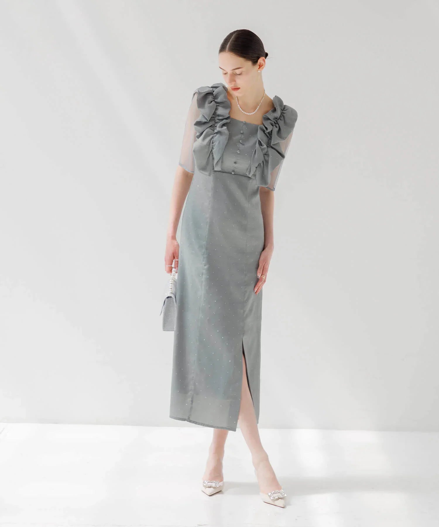 【当日発送】フリルショルダーストーンIラインワンピースドレス