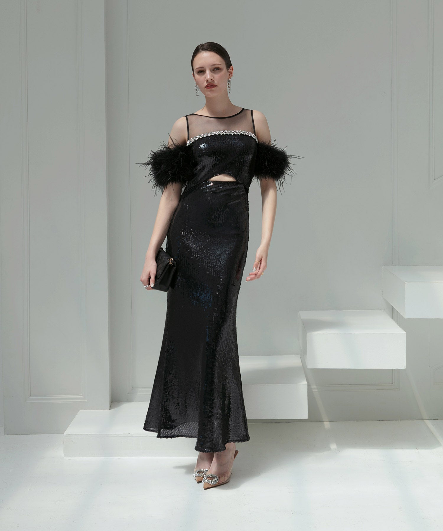 【LEJA LUXE】2WAYファースリーブスパンコールマーメイドドレス