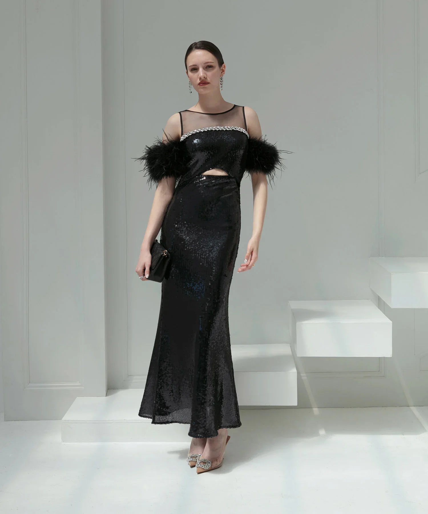 【LEJA LUXE】2WAYファースリーブスパンコールマーメイドドレス