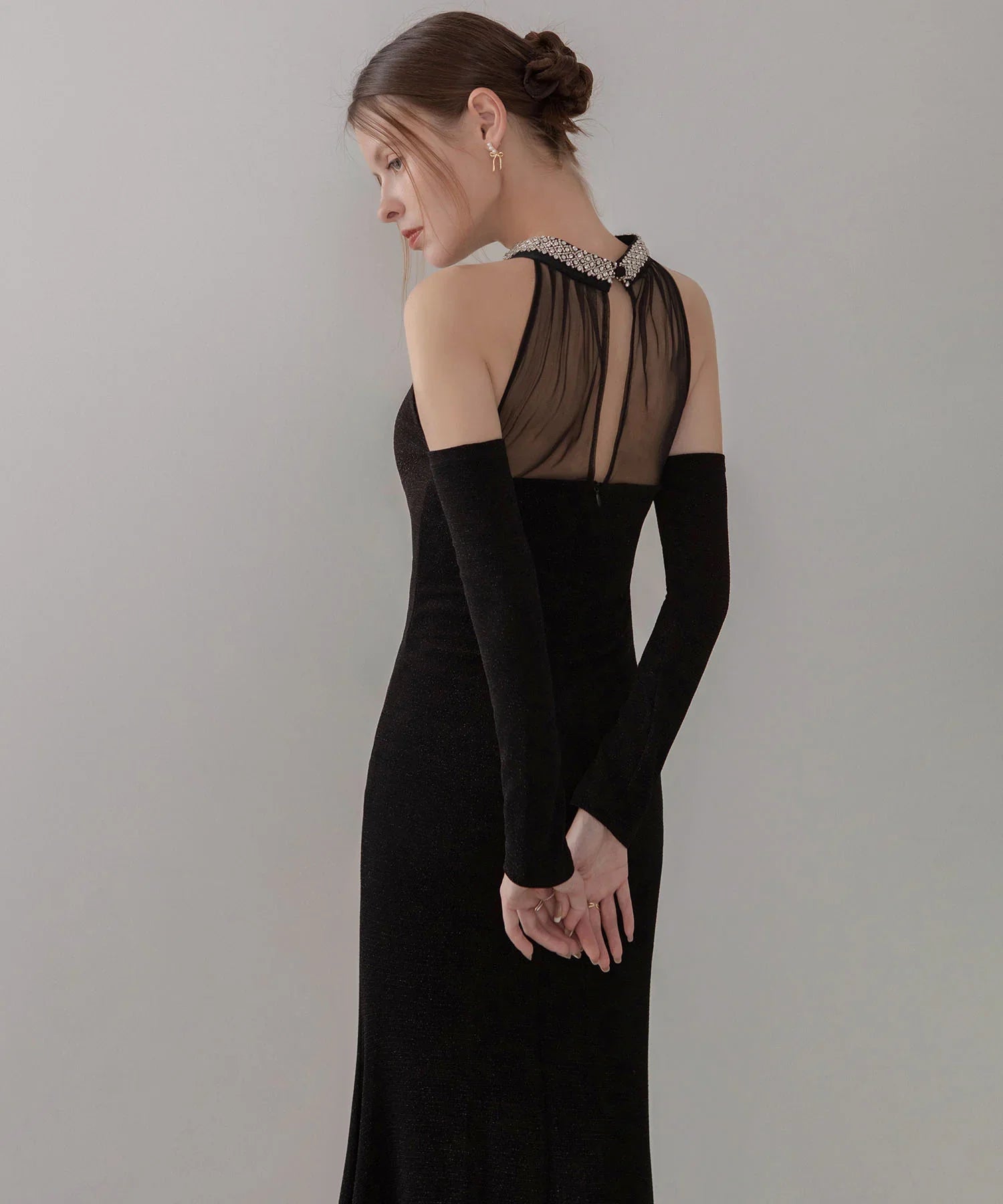 【LEJA LUXE】2WAYシアーネックビジューデザインブラックマーメイドロングドレス