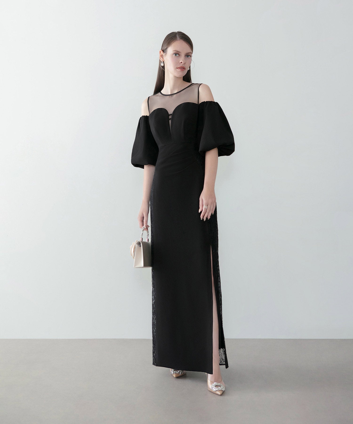 【LEJA LUXE】サイドレースシアーデコルテパフスリーブスリットドレス